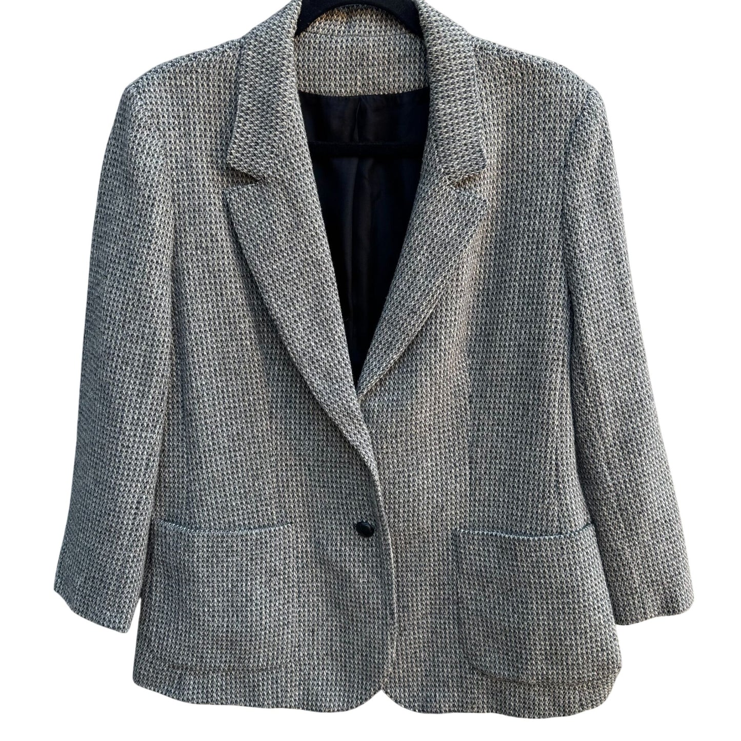 Vintage 80s Gray Herringbone Womens L Blazer Jacket Wool Tweed Leather Buttons