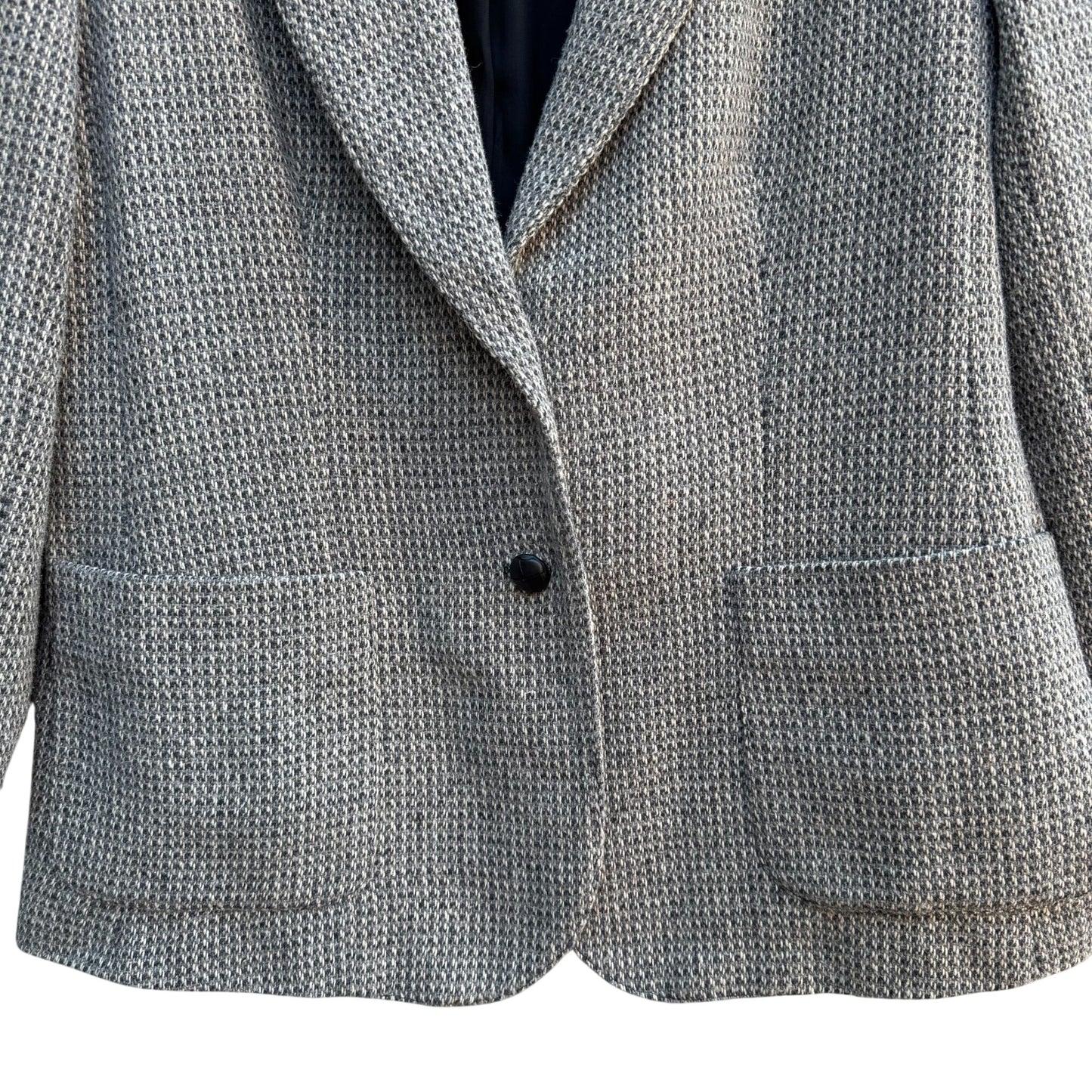 Vintage 80s Gray Herringbone Womens L Blazer Jacket Wool Tweed Leather Buttons