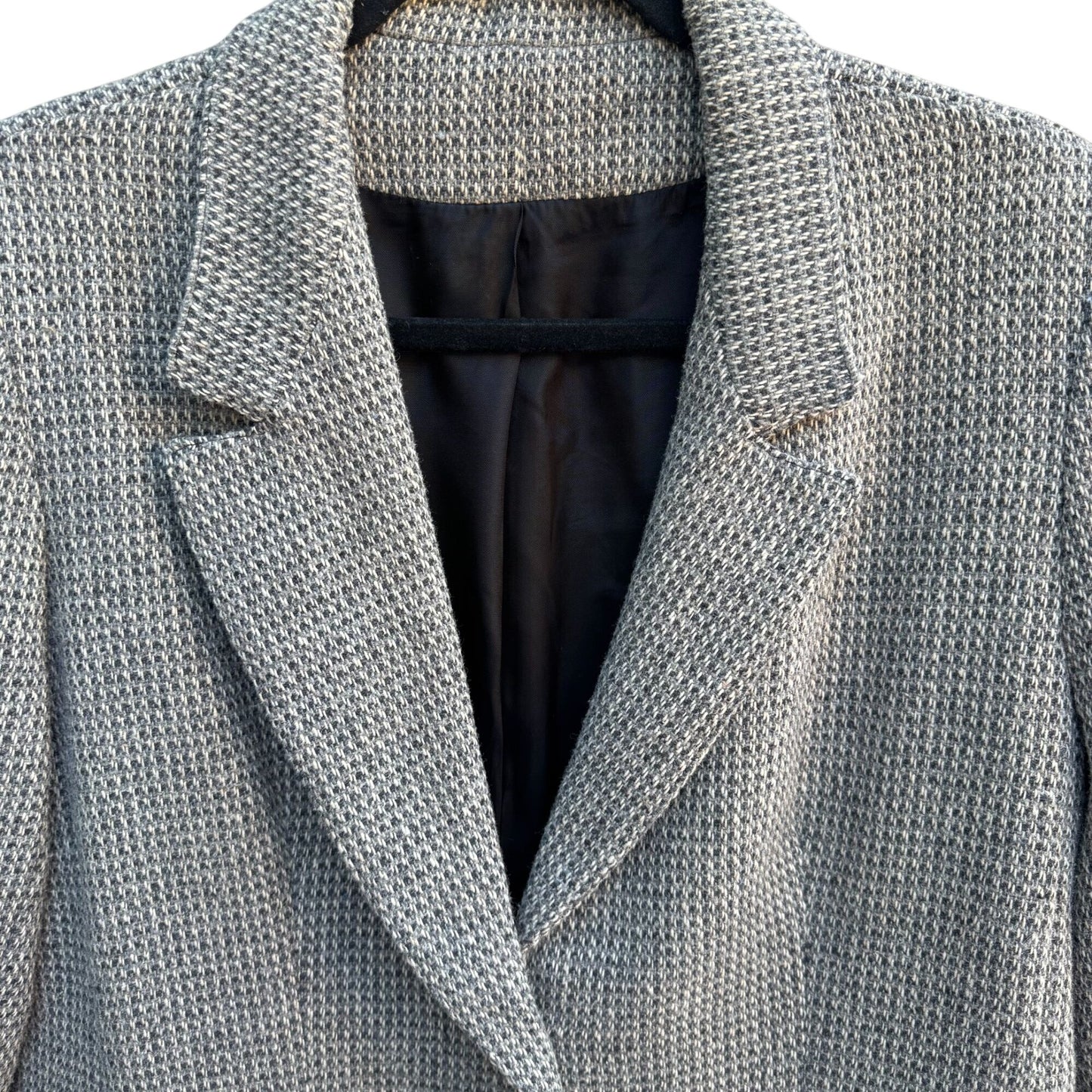 Vintage 80s Gray Herringbone Womens L Blazer Jacket Wool Tweed Leather Buttons
