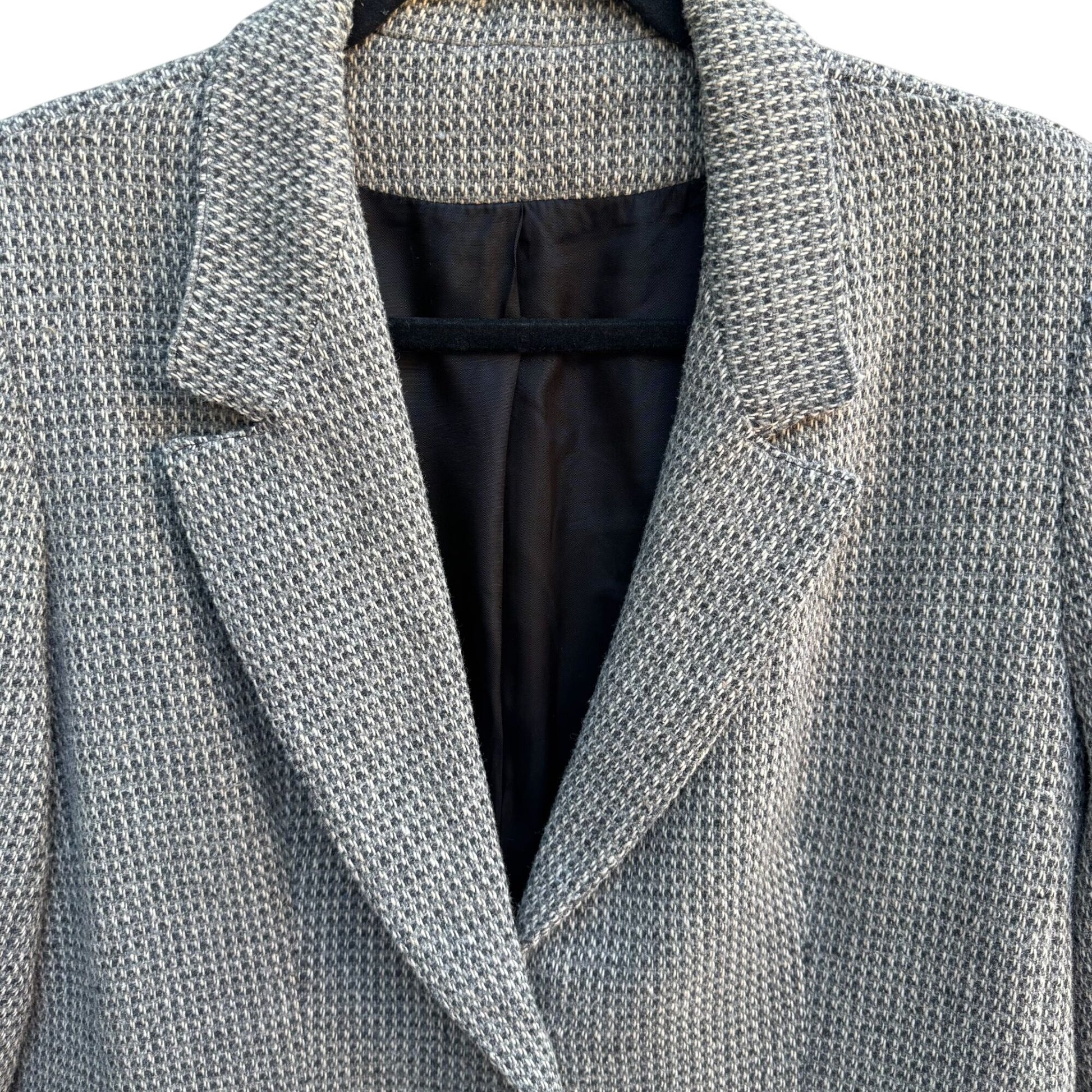 Vintage 80s Gray Herringbone Womens L Blazer Jacket Wool Tweed Leather Buttons