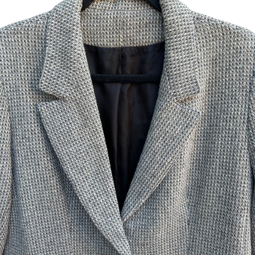 Vintage 80s Gray Herringbone Womens L Blazer Jacket Wool Tweed Leather Buttons