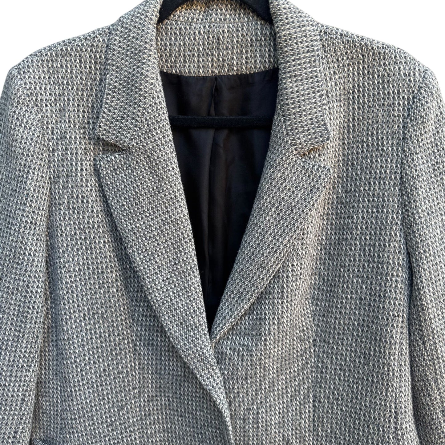 Vintage 80s Gray Herringbone Womens L Blazer Jacket Wool Tweed Leather Buttons