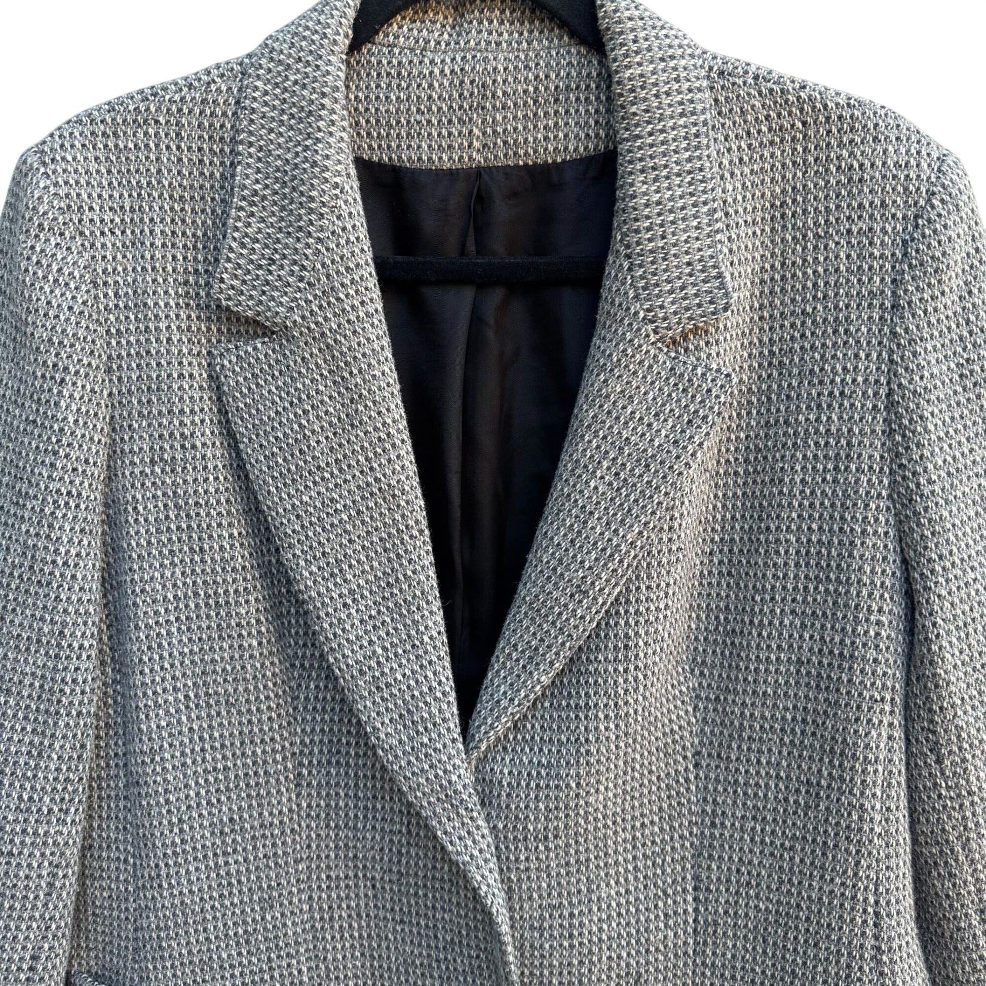 Vintage 80s Gray Herringbone Womens L Blazer Jacket Wool Tweed Leather Buttons