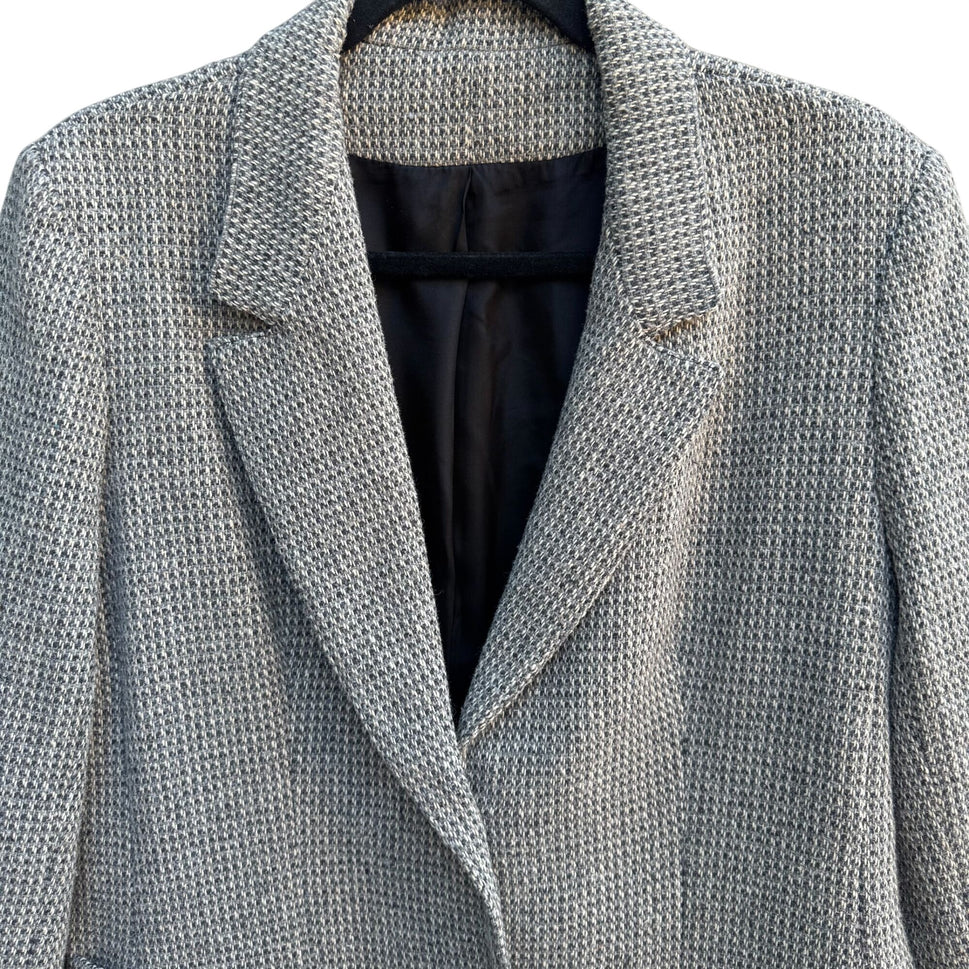 Vintage 80s Gray Herringbone Womens L Blazer Jacket Wool Tweed Leather Buttons