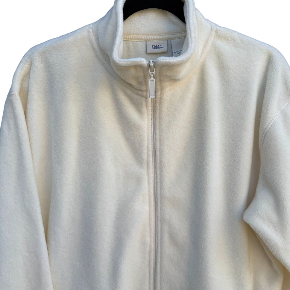 Falls Creek Womens Ivory Fleece Full Zip Drawstring Waist High Collar Jacket Med