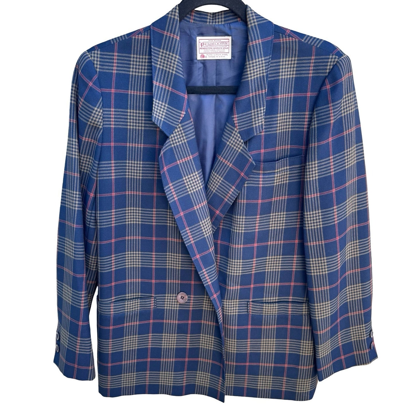 Pendleton Vintage 80s 90s Plaid 100% Virgin Wool Preppy Double Breasted Blazer