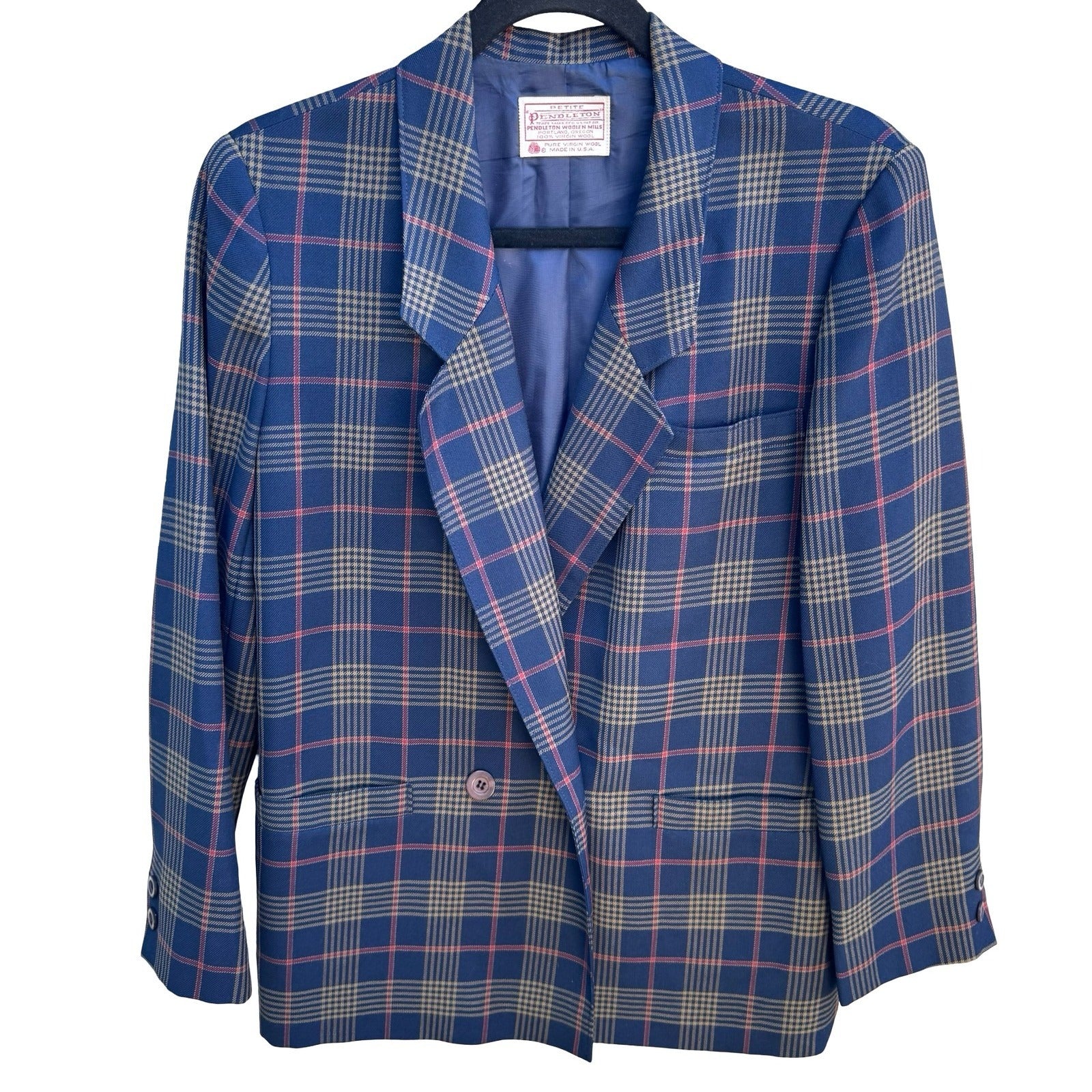 Pendleton Vintage 80s 90s Plaid 100% Virgin Wool Preppy Double Breasted Blazer
