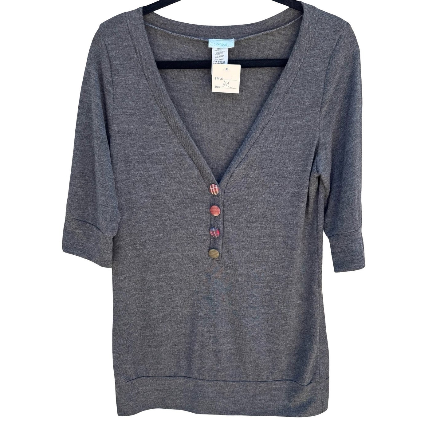 Mine Y2K Eclectic 3/4 Sleeve V-Neck Henley Top Plaid Buttons Gray Womens 1X NEW
