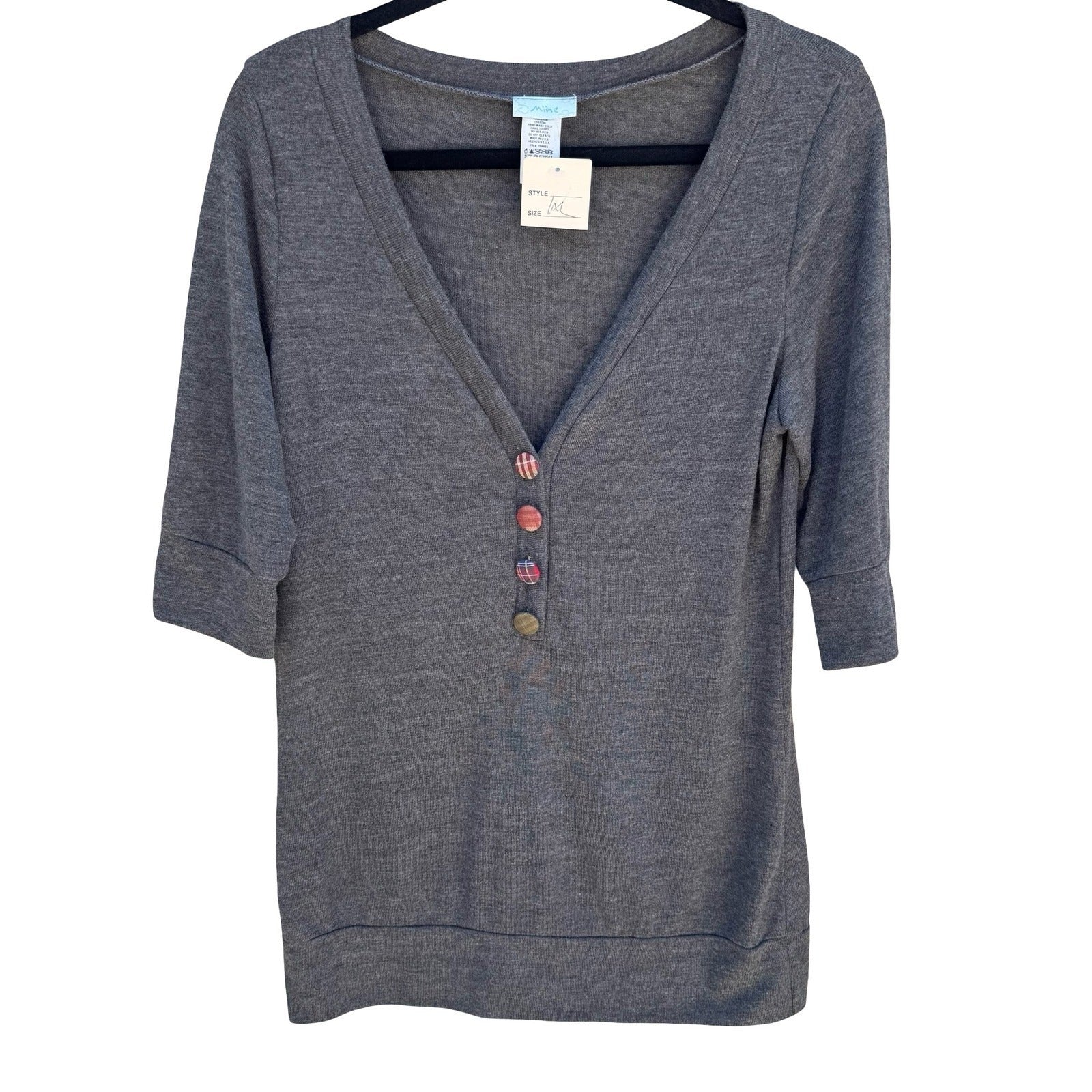 Mine Y2K Eclectic 3/4 Sleeve V-Neck Henley Top Plaid Buttons Gray Womens 1X NEW