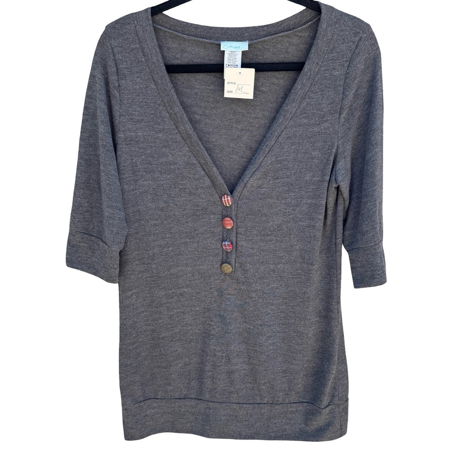 Mine Y2K Eclectic 3/4 Sleeve V-Neck Henley Top Plaid Buttons Gray Womens 1X NEW