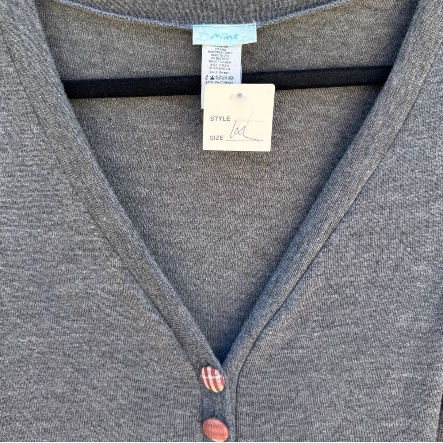 Mine Y2K Eclectic 3/4 Sleeve V-Neck Henley Top Plaid Buttons Gray Womens 1X NEW