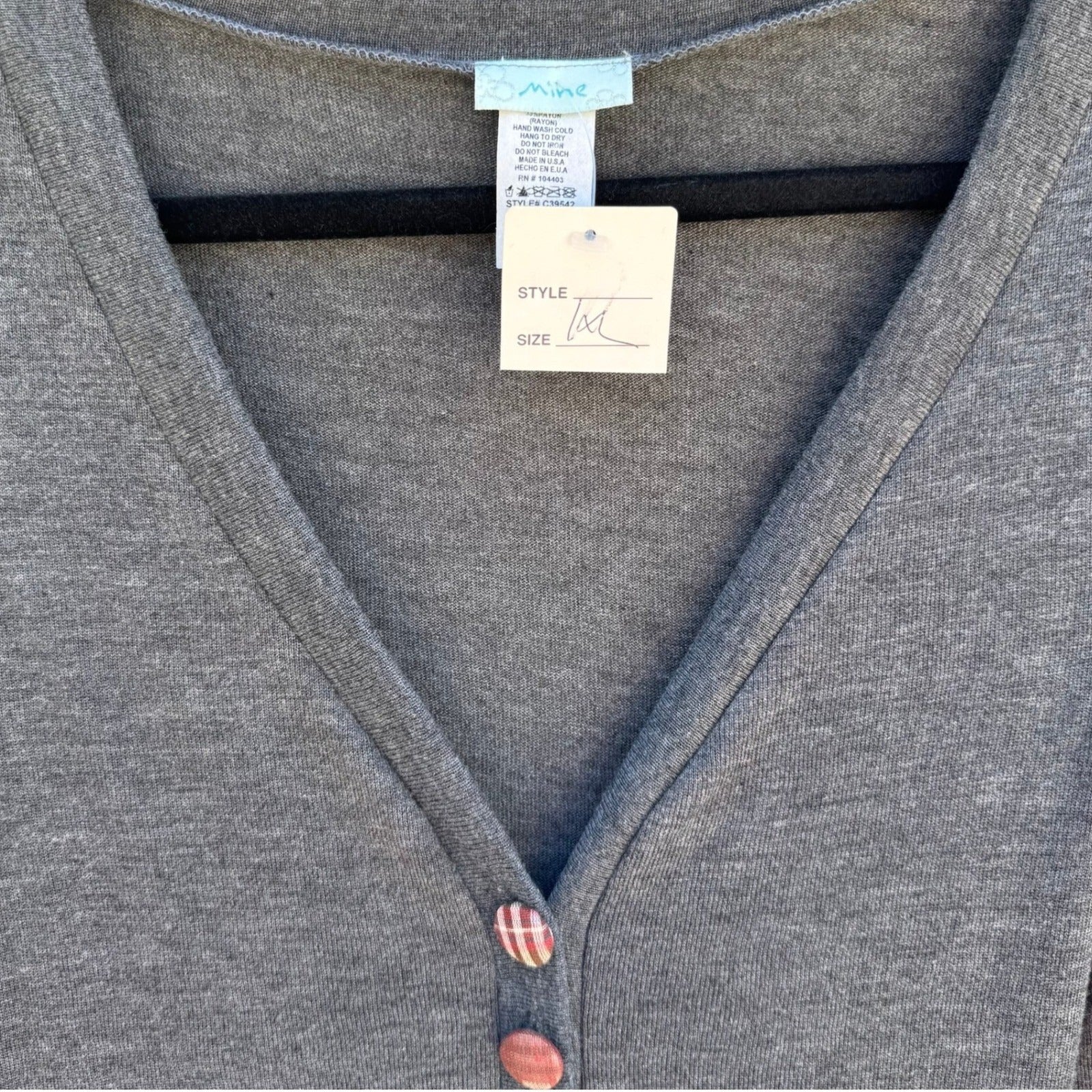 Mine Y2K Eclectic 3/4 Sleeve V-Neck Henley Top Plaid Buttons Gray Womens 1X NEW
