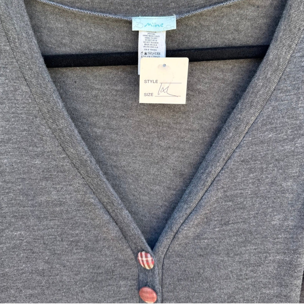 Mine Y2K Eclectic 3/4 Sleeve V-Neck Henley Top Plaid Buttons Gray Womens 1X NEW