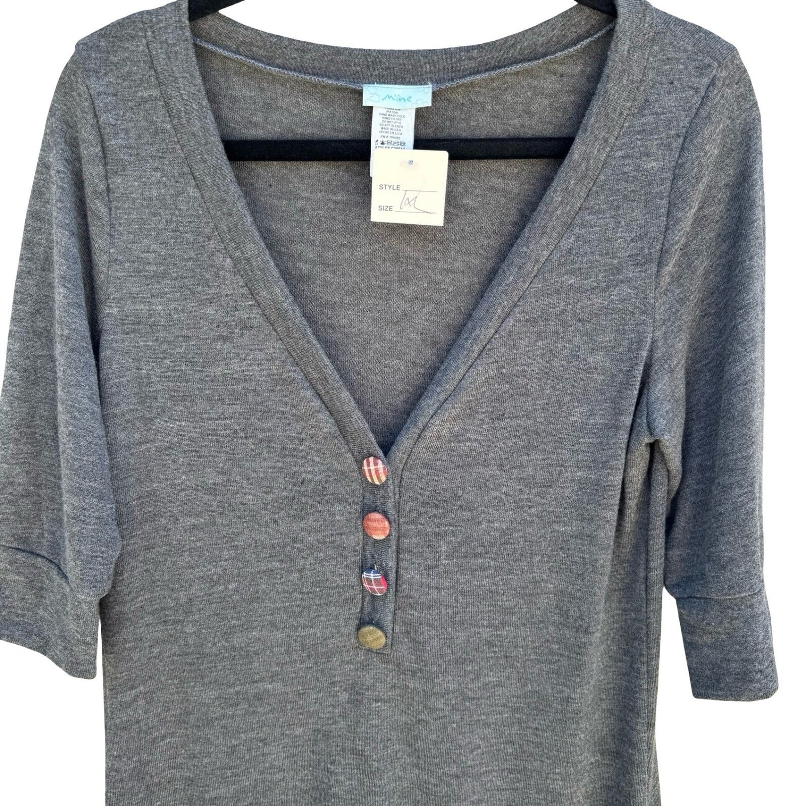 Mine Y2K Eclectic 3/4 Sleeve V-Neck Henley Top Plaid Buttons Gray Womens 1X NEW