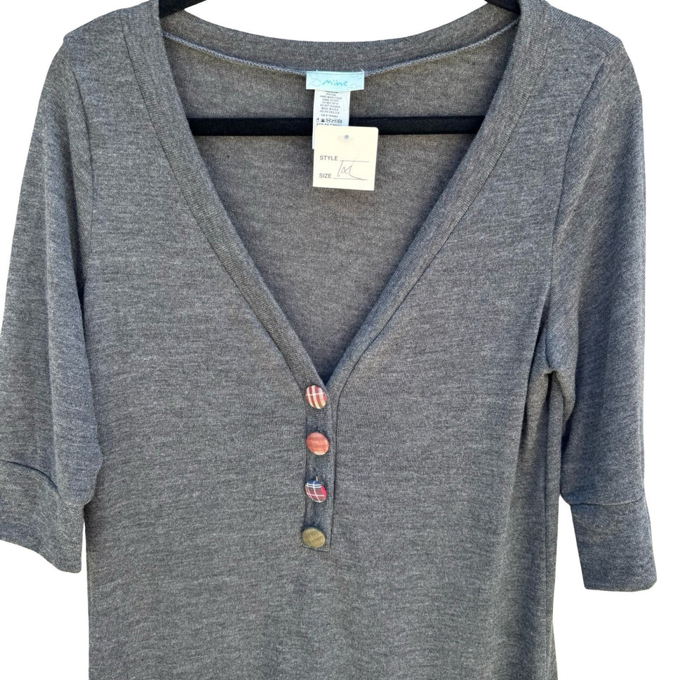 Mine Y2K Eclectic 3/4 Sleeve V-Neck Henley Top Plaid Buttons Gray Womens 1X NEW