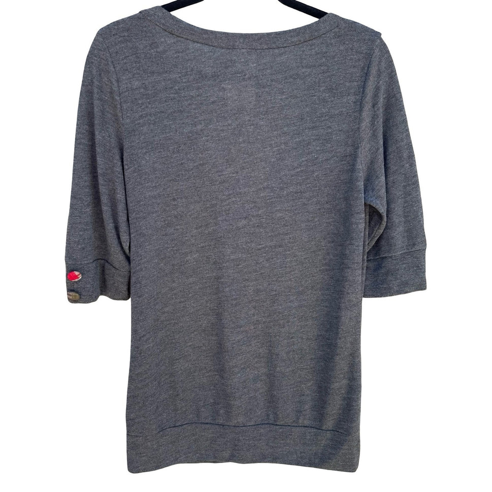 Mine Y2K Eclectic 3/4 Sleeve V-Neck Henley Top Plaid Buttons Gray Womens 1X NEW