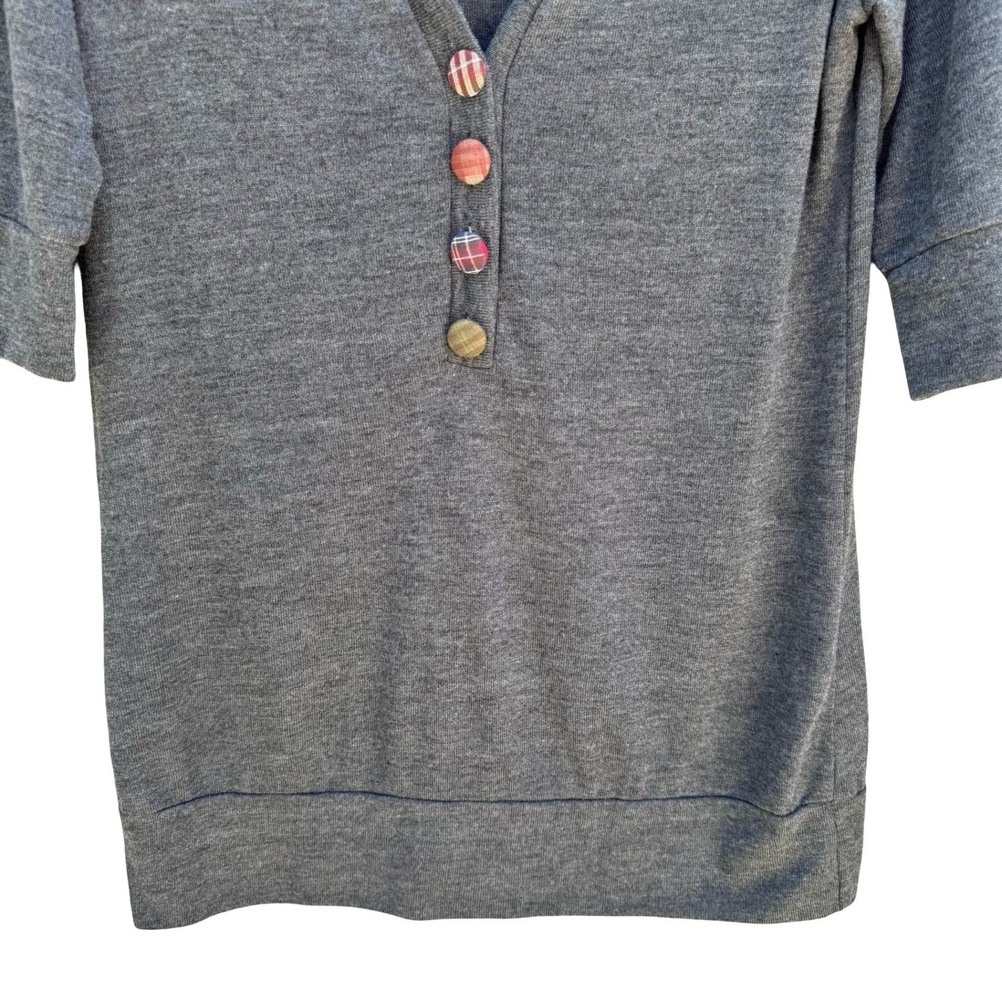 Mine Y2K Eclectic 3/4 Sleeve V-Neck Henley Top Plaid Buttons Gray Womens 1X NEW