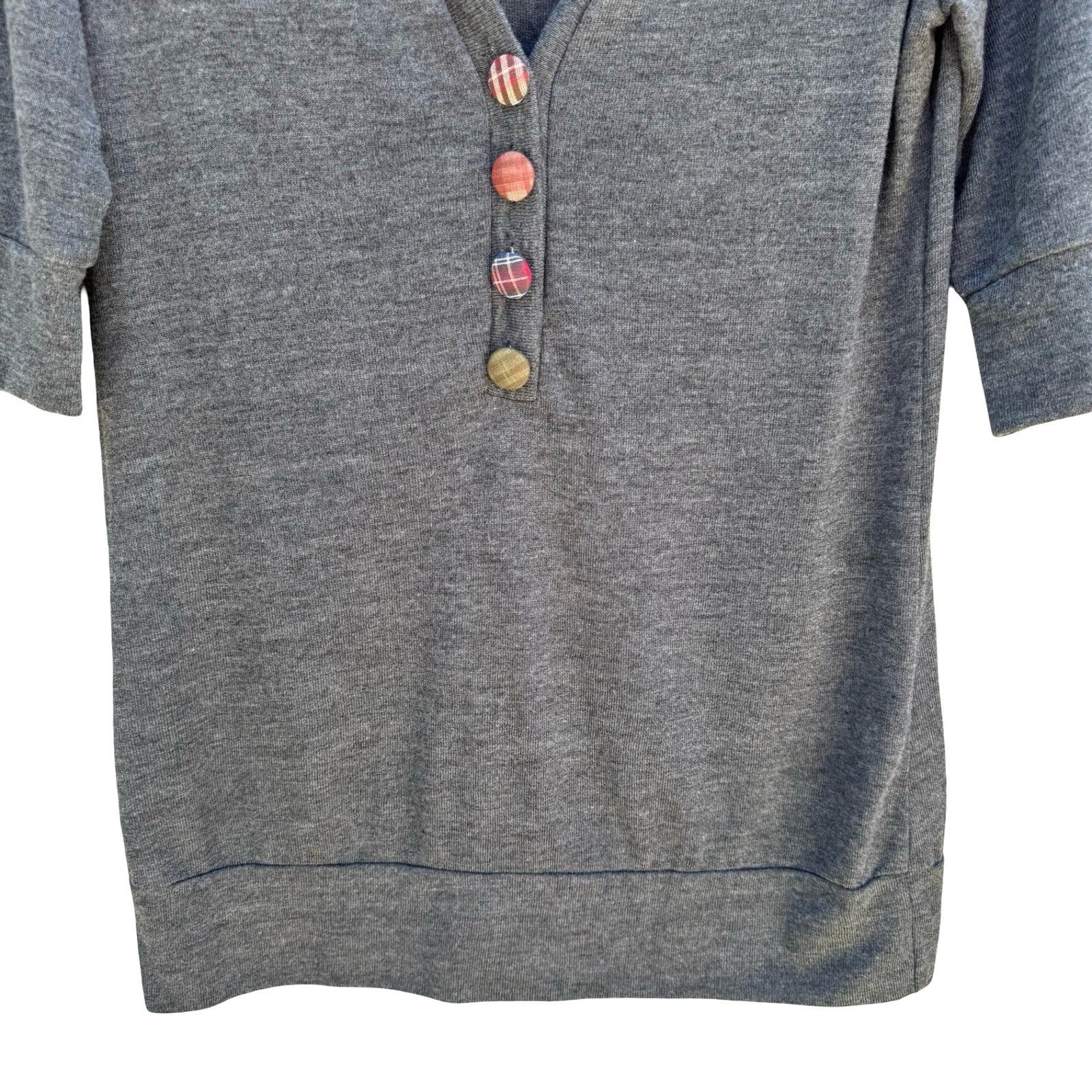 Mine Y2K Eclectic 3/4 Sleeve V-Neck Henley Top Plaid Buttons Gray Womens 1X NEW