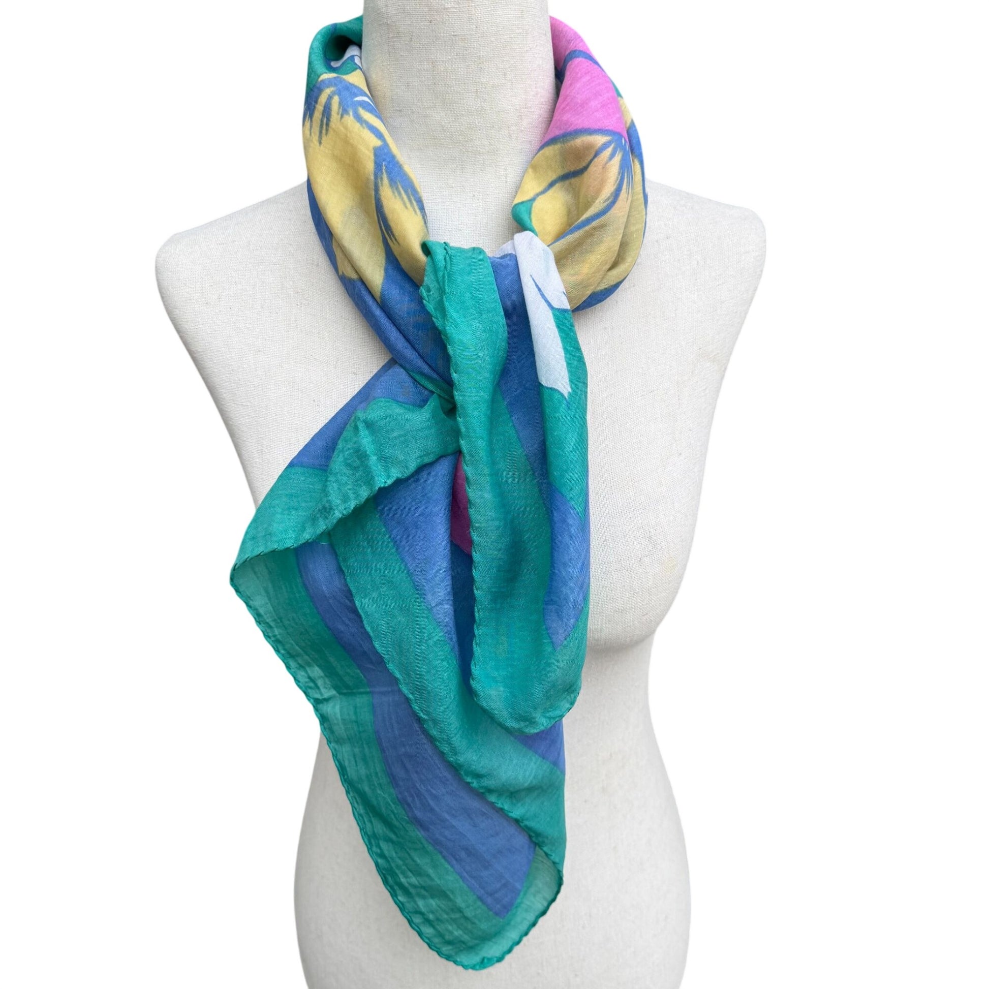 Pic N Save Vintage Hawaiian Square Floral Scarf Bold Yellow Pink Blue Green