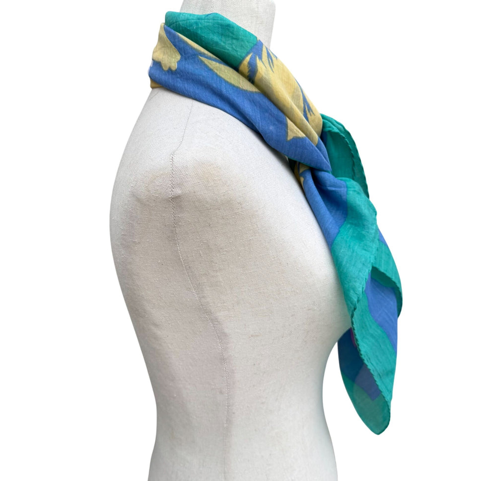 Pic N Save Vintage Hawaiian Square Floral Scarf Bold Yellow Pink Blue Green