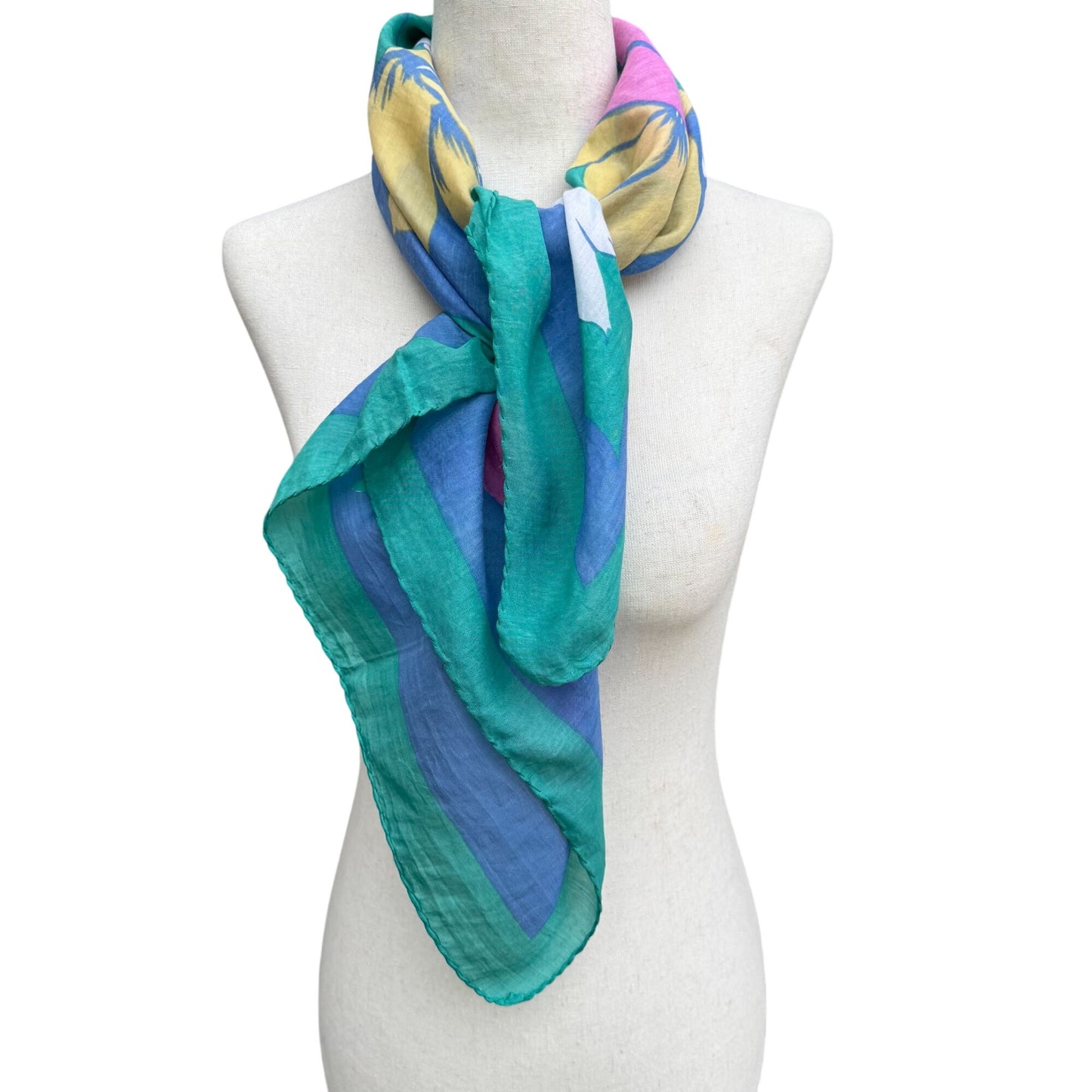 Pic N Save Vintage Hawaiian Square Floral Scarf Bold Yellow Pink Blue Green