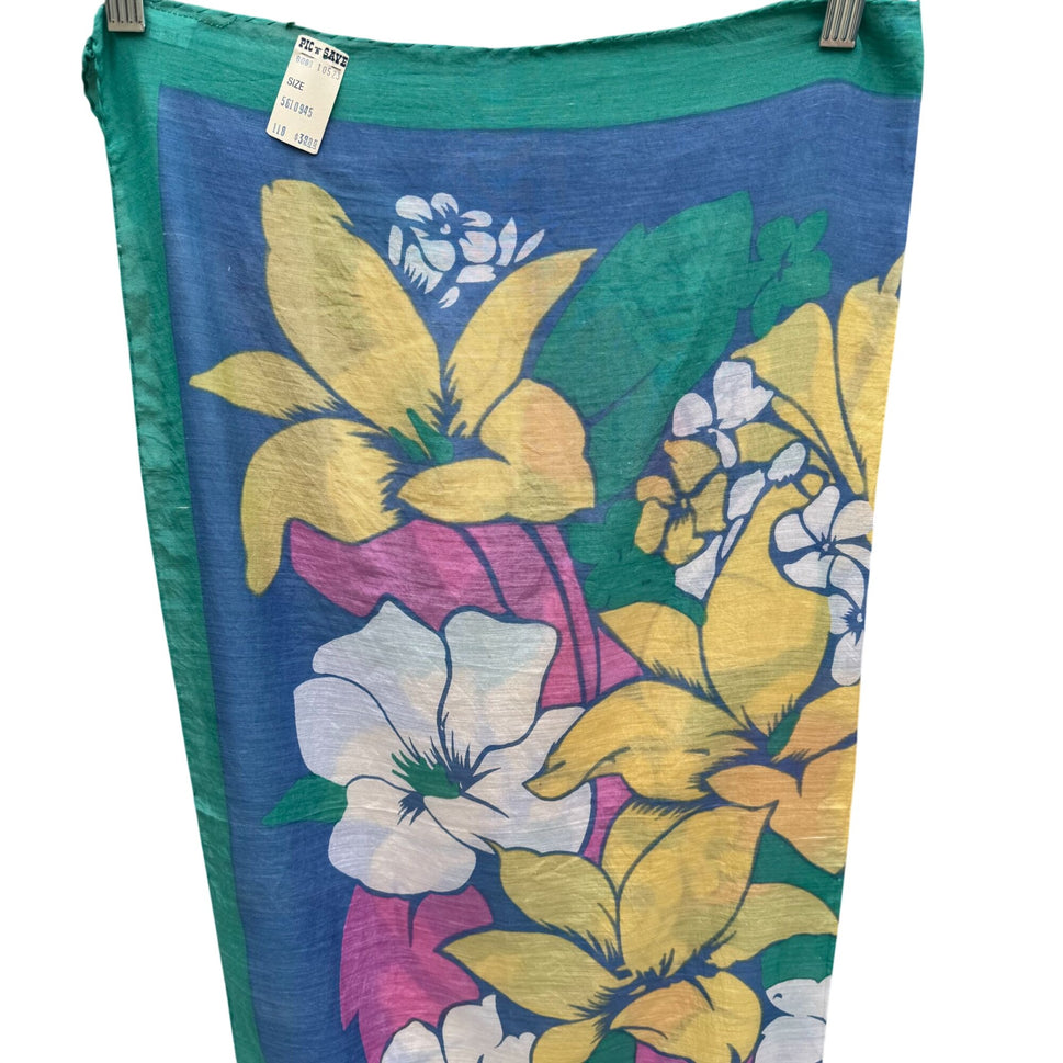 Pic N Save Vintage Hawaiian Square Floral Scarf Bold Yellow Pink Blue Green