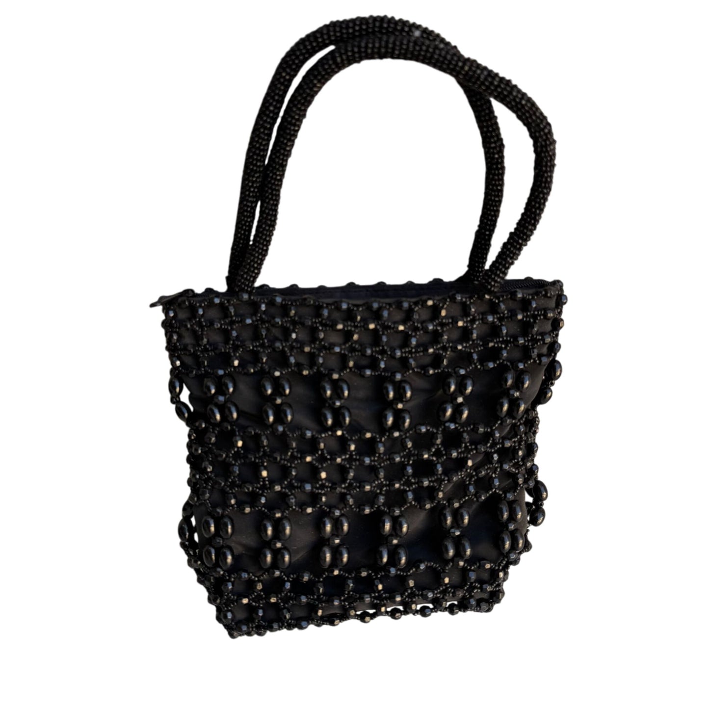 Black Beaded Double Handles & Zipper Closure Miniature Bag Formal Evening Bag