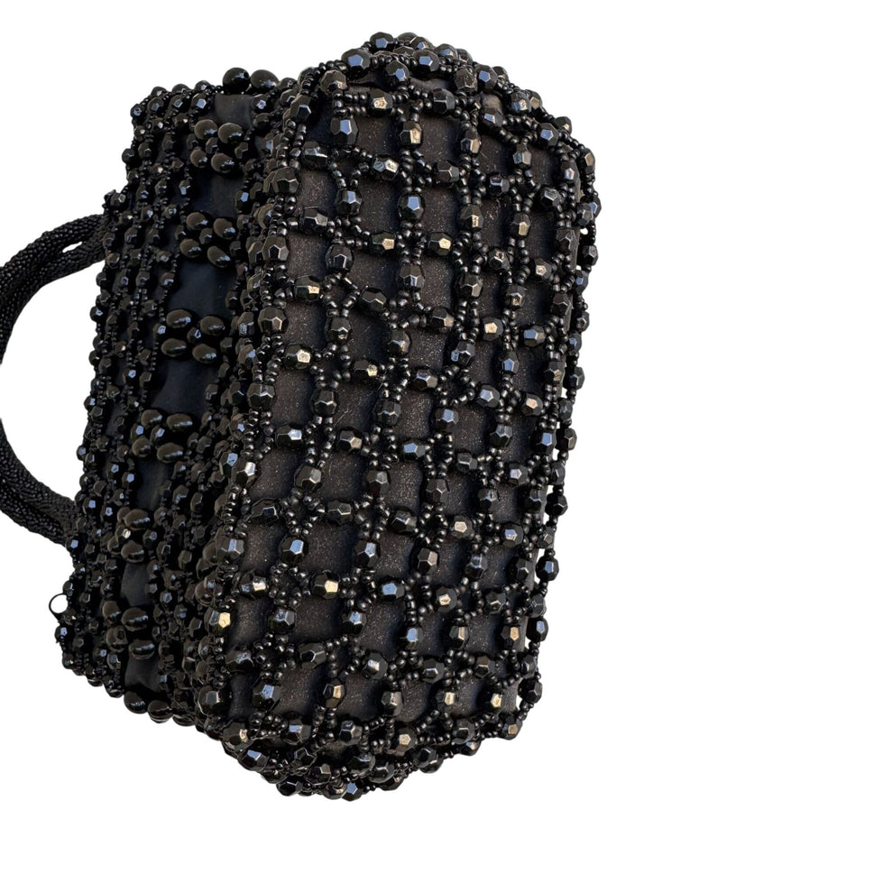 Black Beaded Double Handles & Zipper Closure Miniature Bag Formal Evening Bag