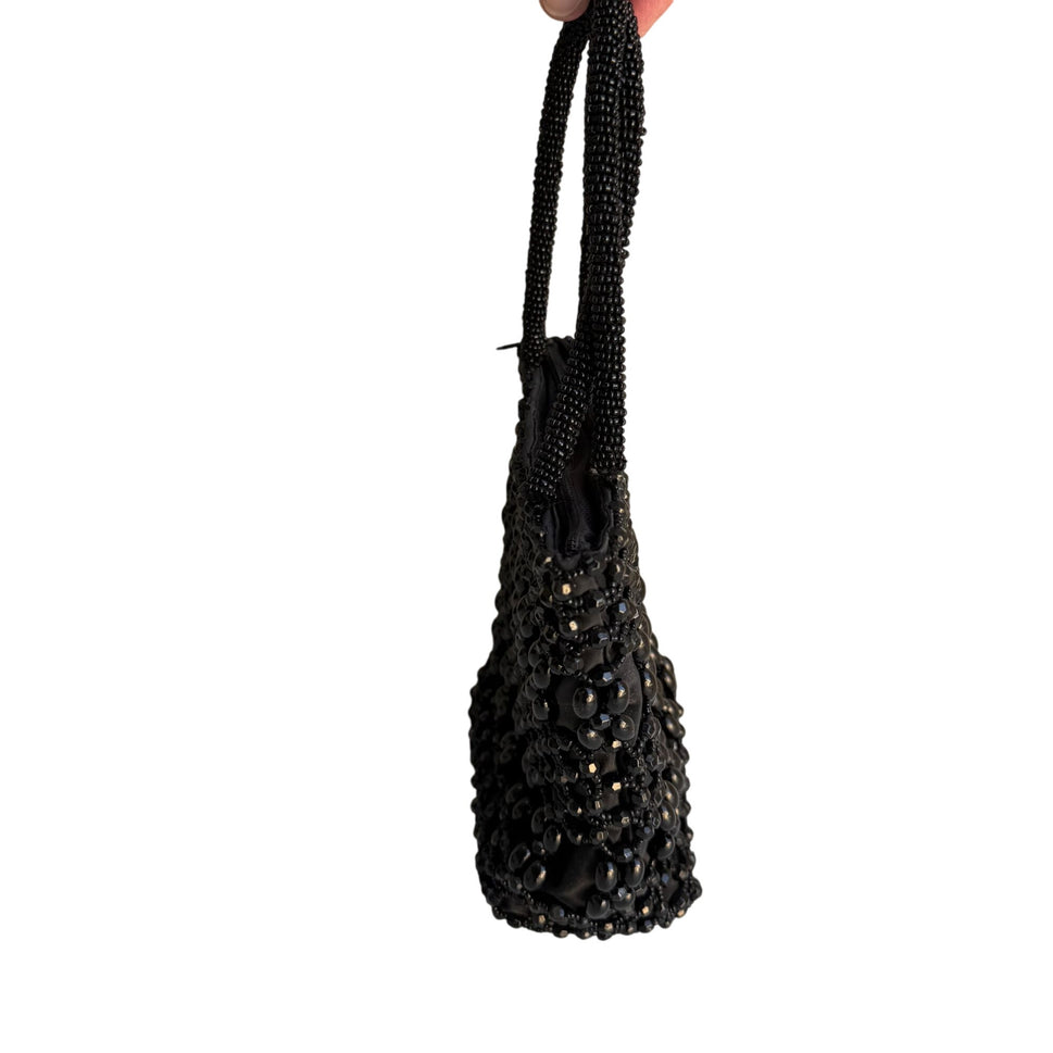 Black Beaded Double Handles & Zipper Closure Miniature Bag Formal Evening Bag