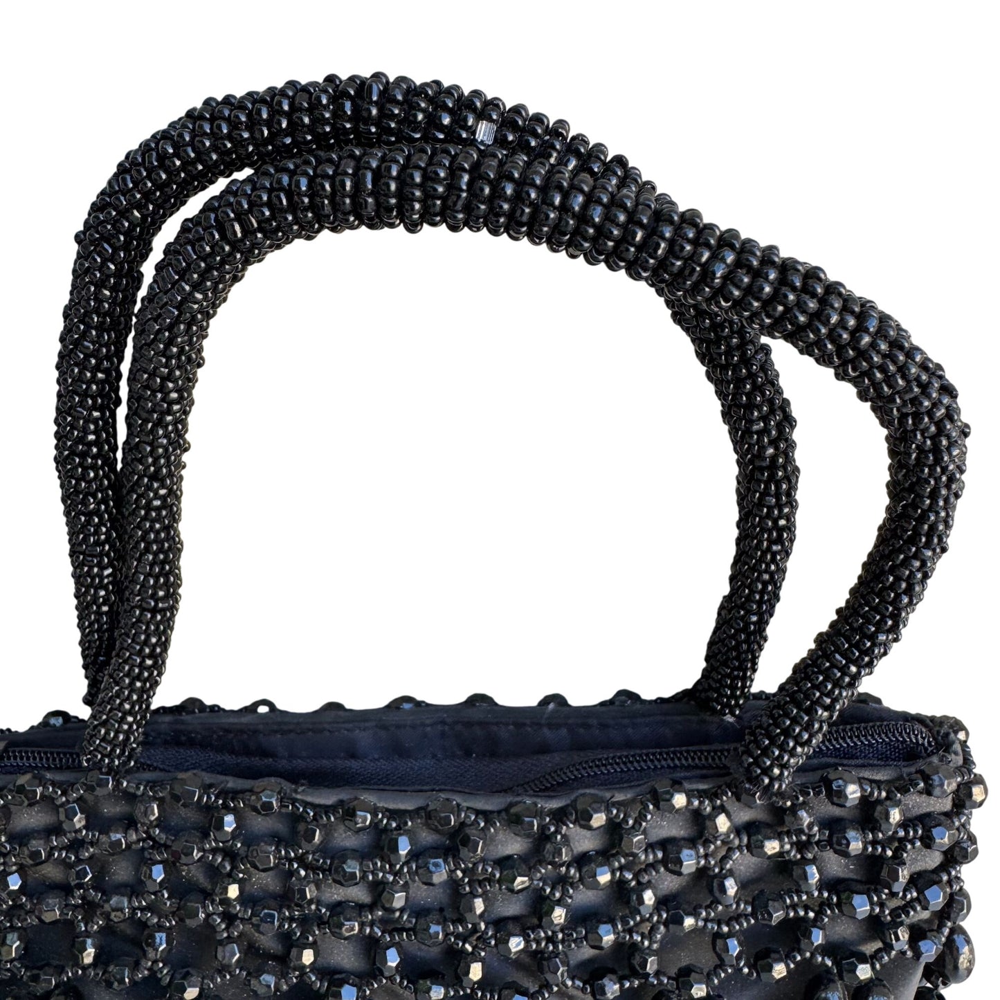 Black Beaded Double Handles & Zipper Closure Miniature Bag Formal Evening Bag