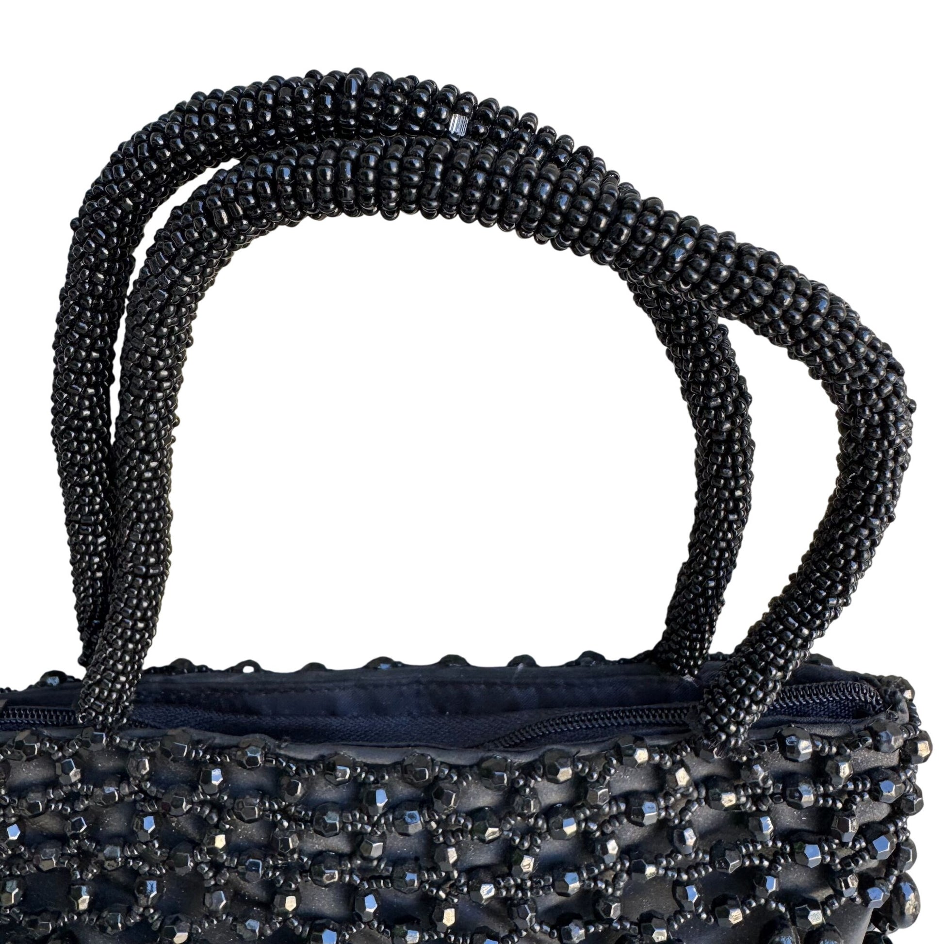 Black Beaded Double Handles & Zipper Closure Miniature Bag Formal Evening Bag