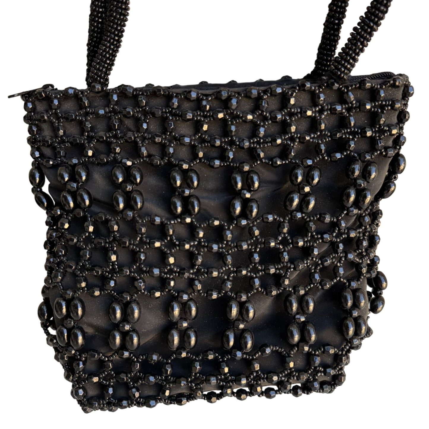 Black Beaded Double Handles & Zipper Closure Miniature Bag Formal Evening Bag