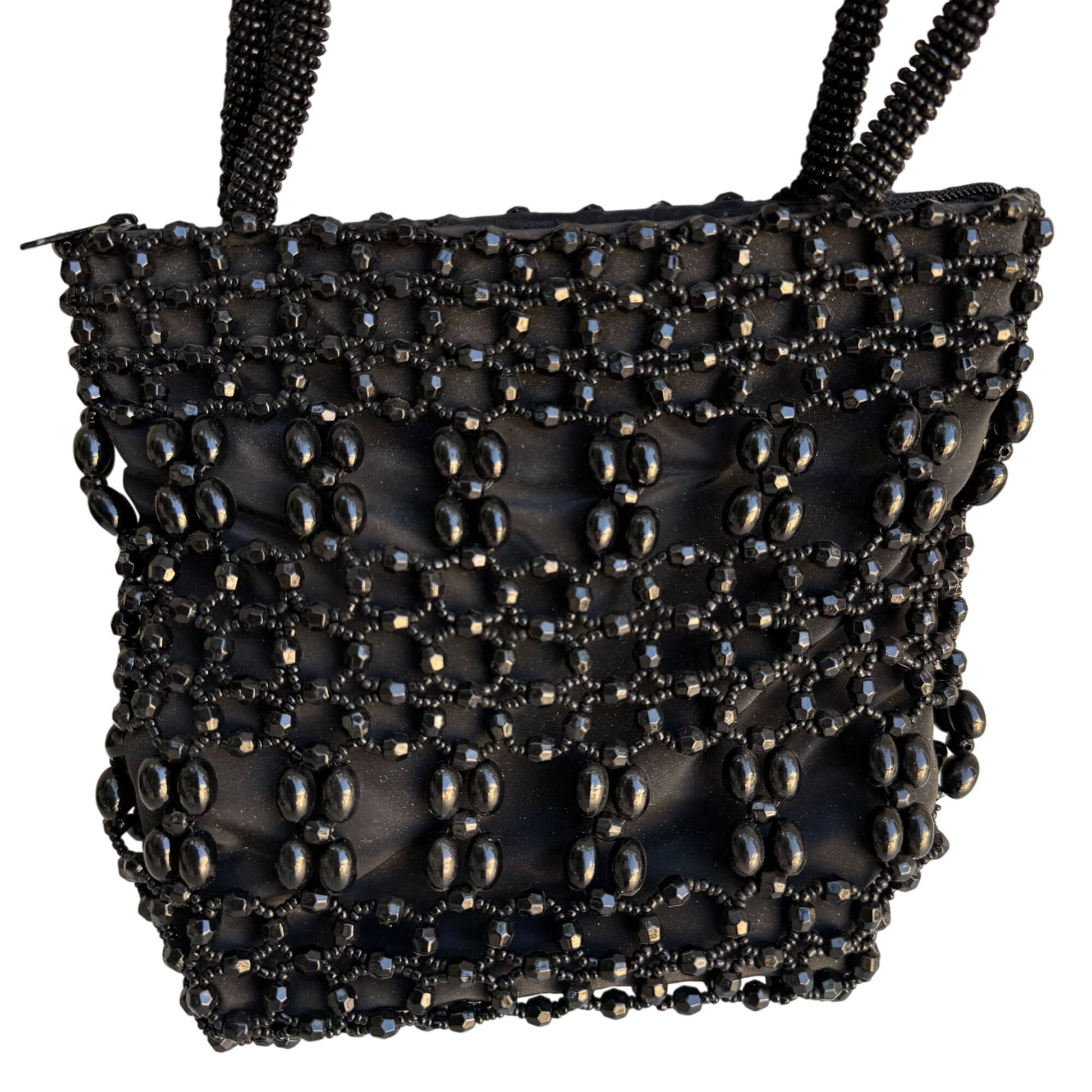 Black Beaded Double Handles & Zipper Closure Miniature Bag Formal Evening Bag