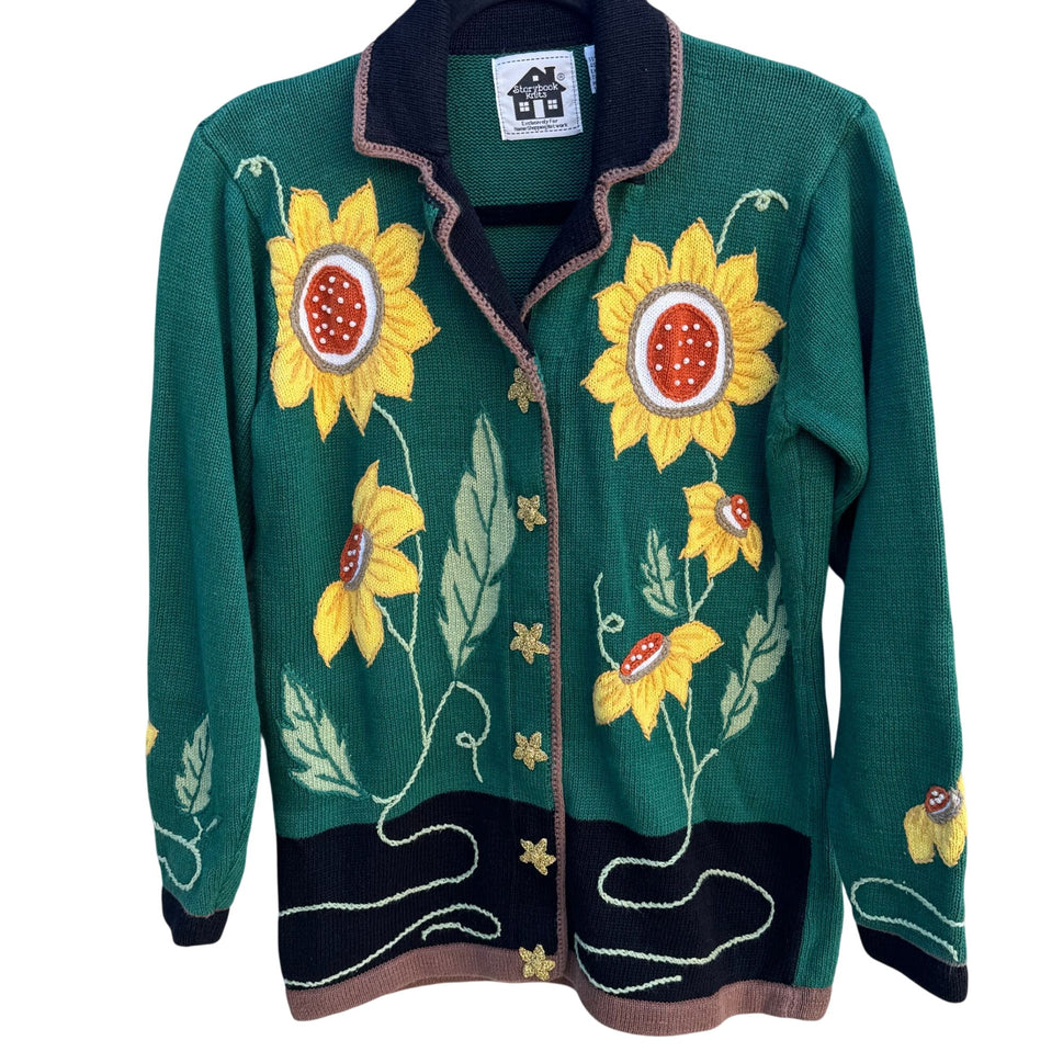 Storybook Knits Vintage Green Knit Cardigan Sweater Sunflower Embroidery Size S
