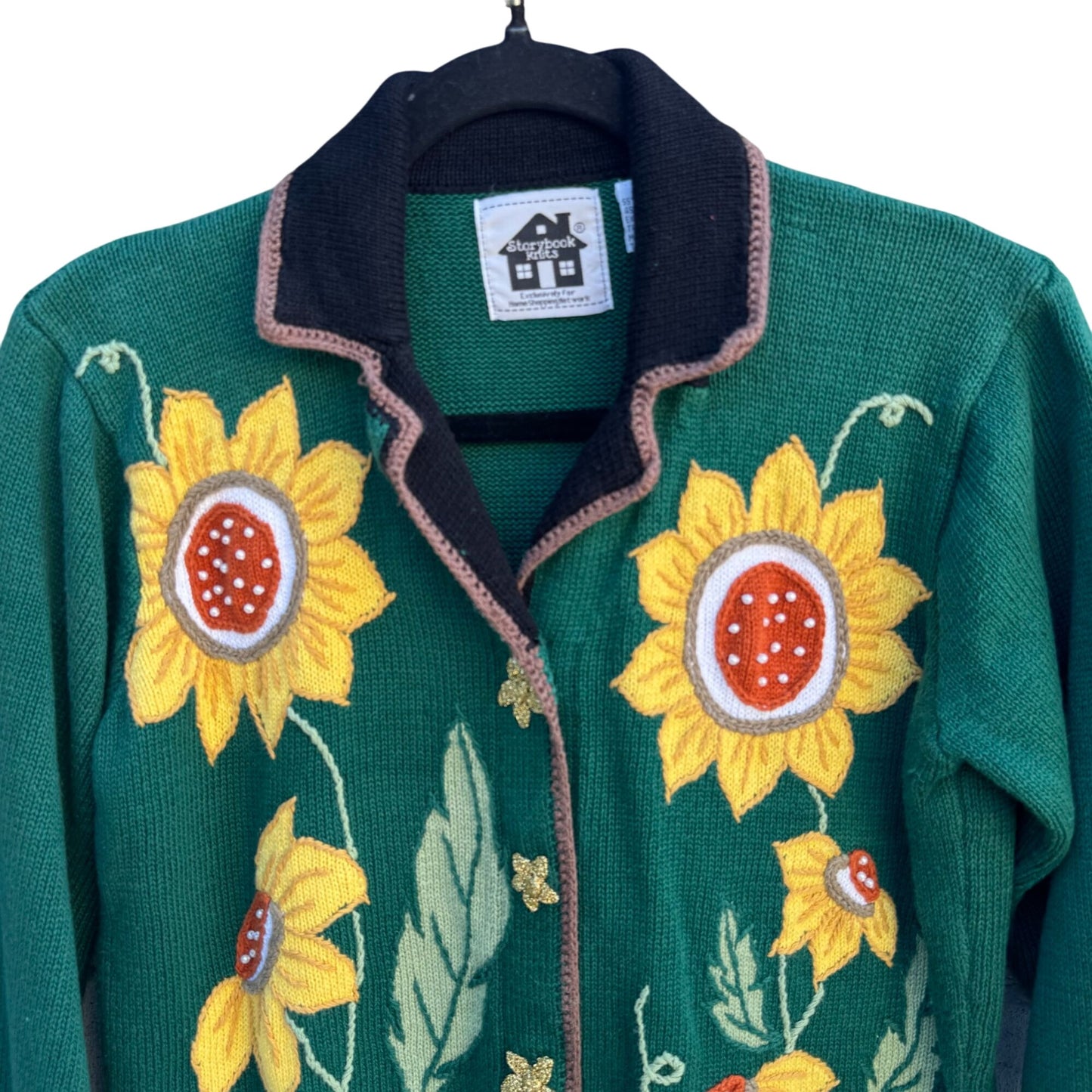 Storybook Knits Vintage Green Knit Cardigan Sweater Sunflower Embroidery Size S