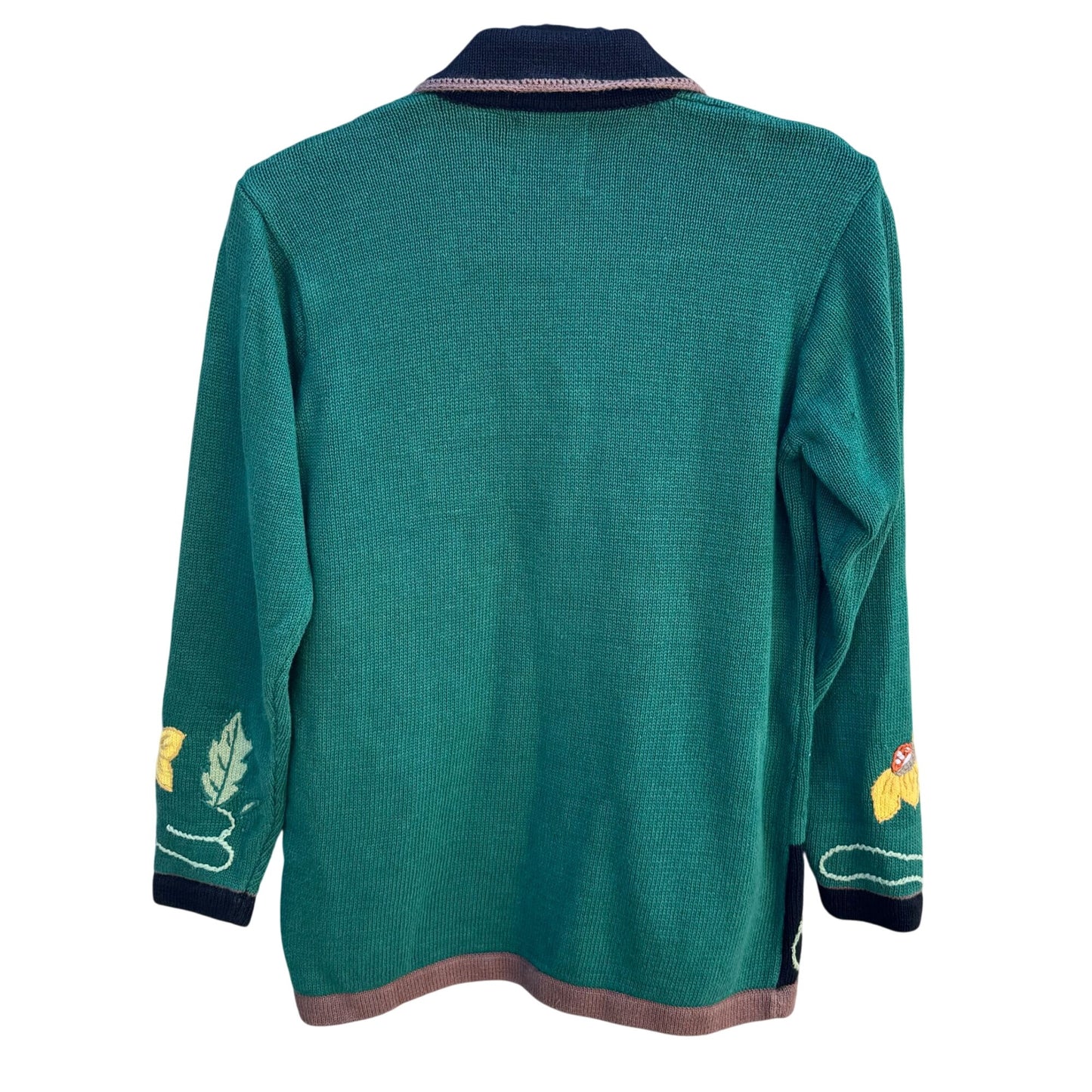 Storybook Knits Vintage Green Knit Cardigan Sweater Sunflower Embroidery Size S