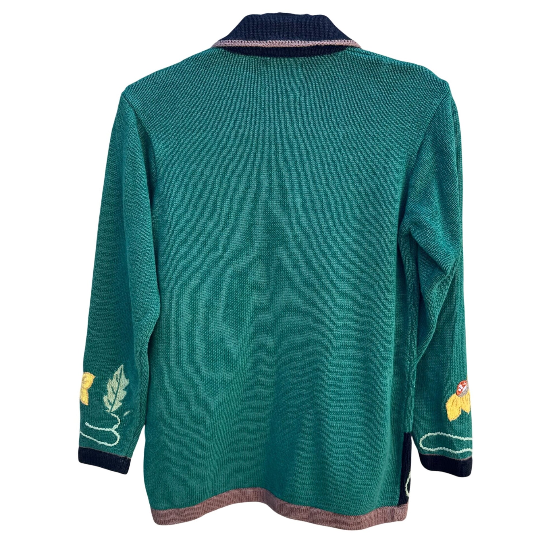 Storybook Knits Vintage Green Knit Cardigan Sweater Sunflower Embroidery Size S