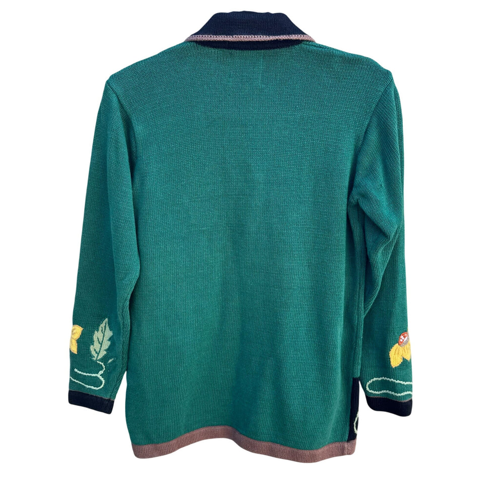 Storybook Knits Vintage Green Knit Cardigan Sweater Sunflower Embroidery Size S