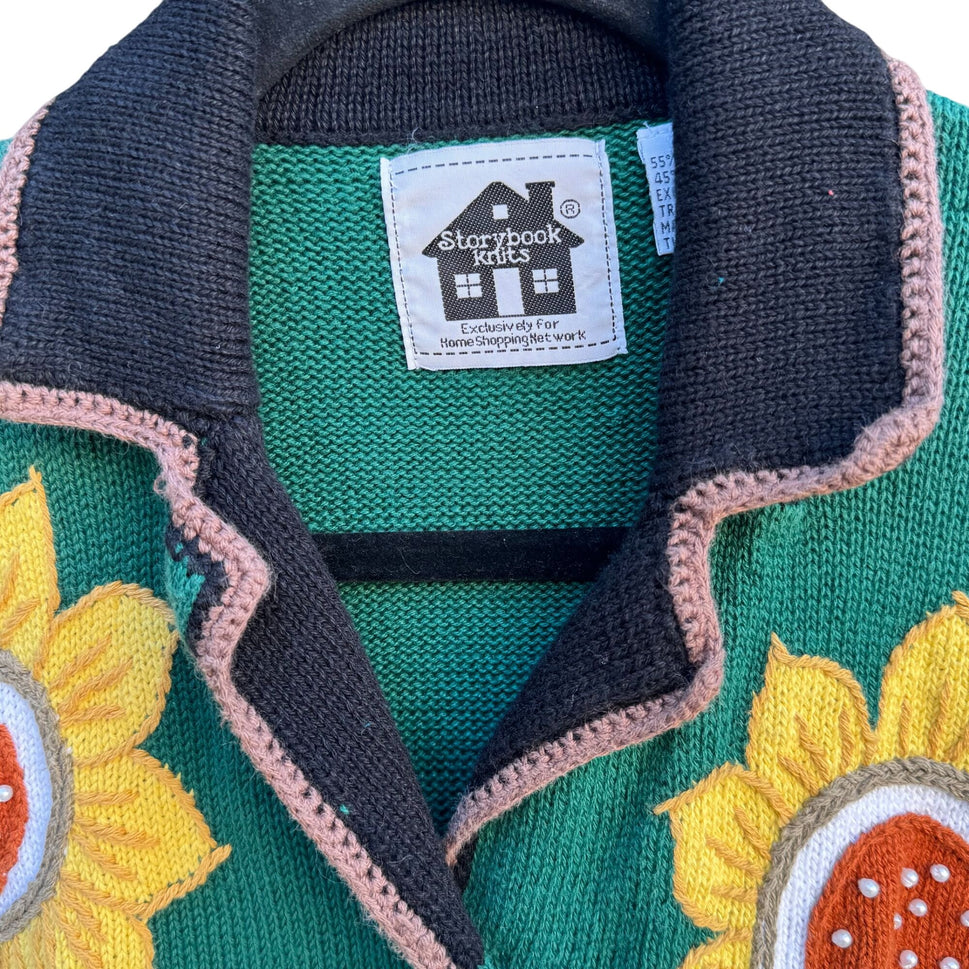 Storybook Knits Vintage Green Knit Cardigan Sweater Sunflower Embroidery Size S