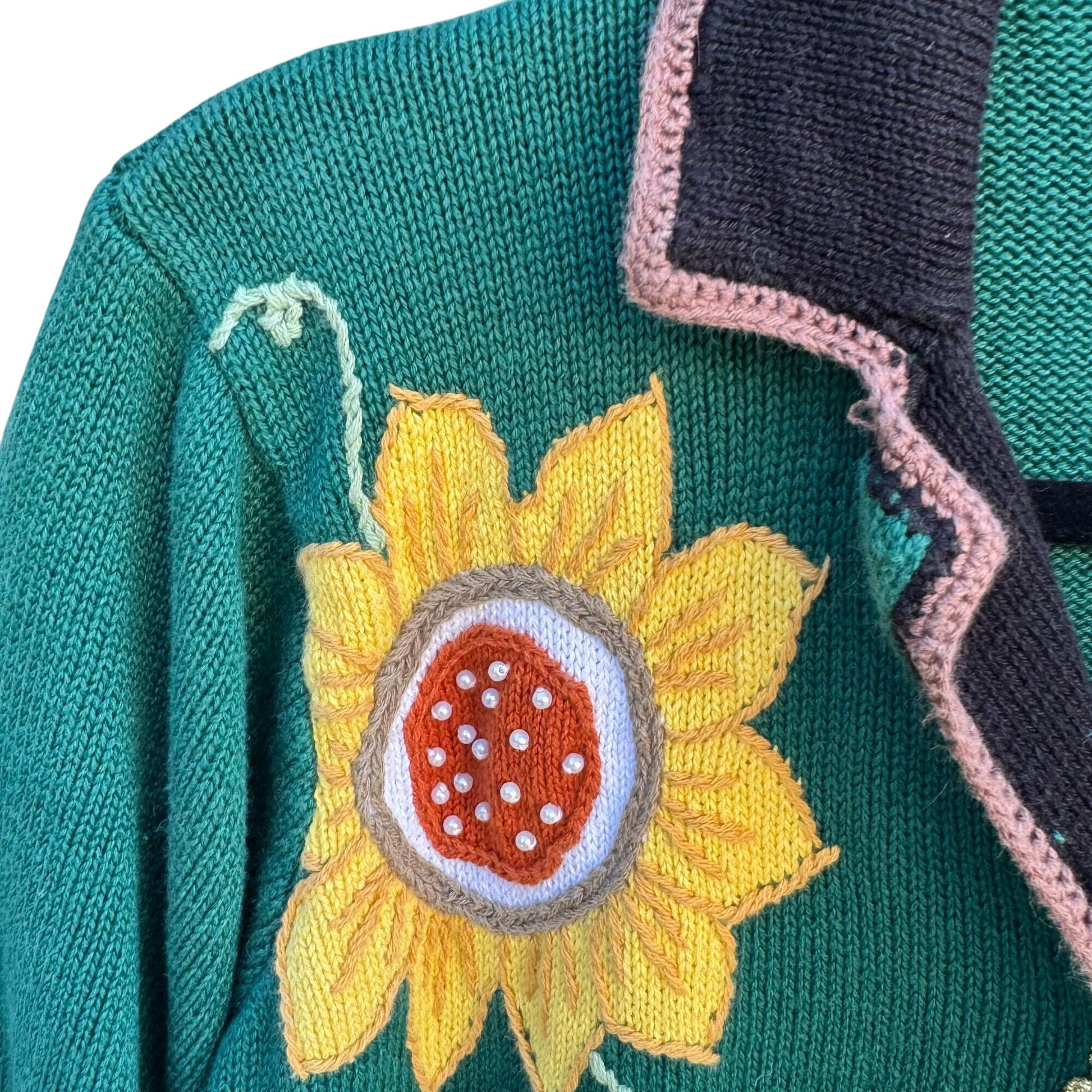 Storybook Knits Vintage Green Knit Cardigan Sweater Sunflower Embroidery Size S
