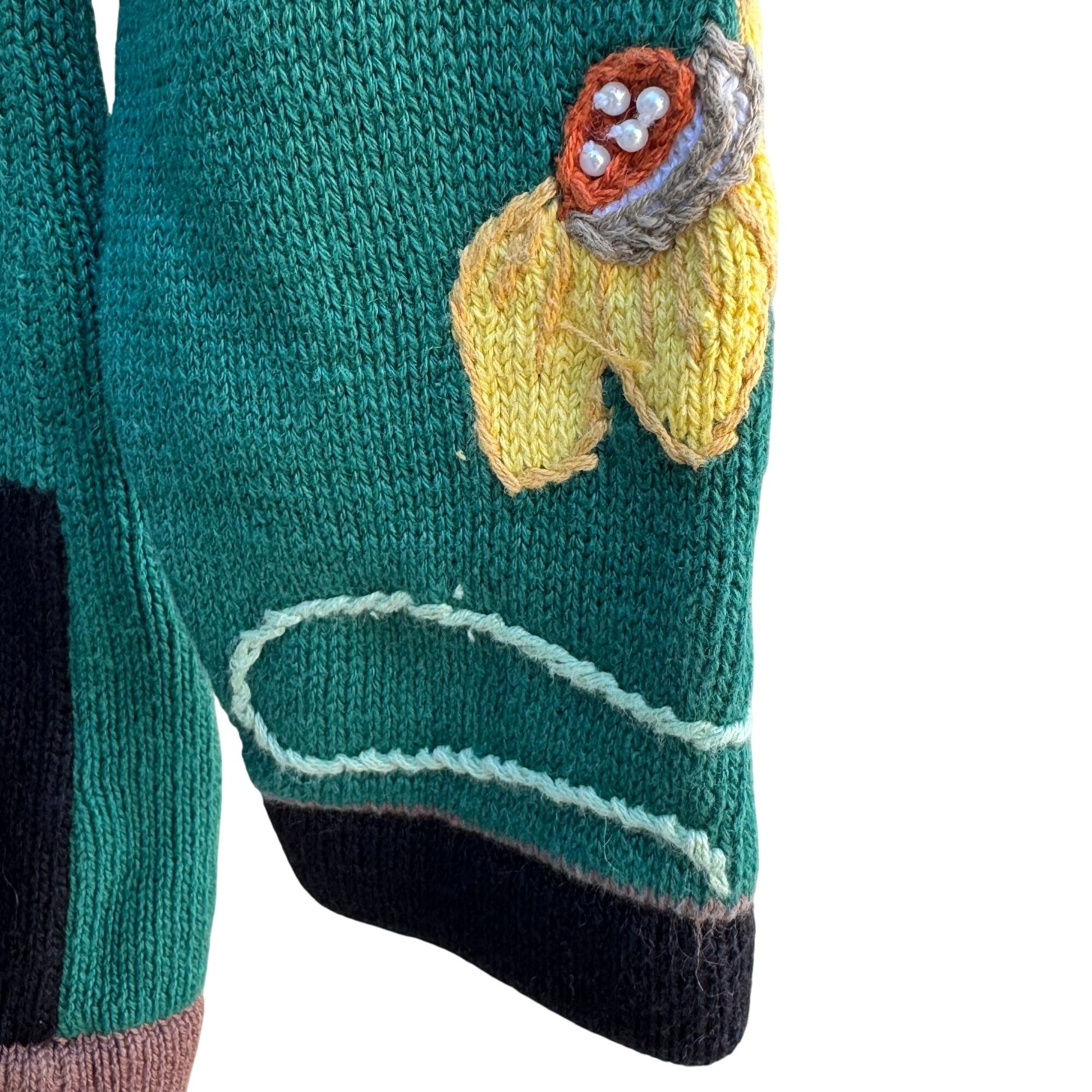 Storybook Knits Vintage Green Knit Cardigan Sweater Sunflower Embroidery Size S