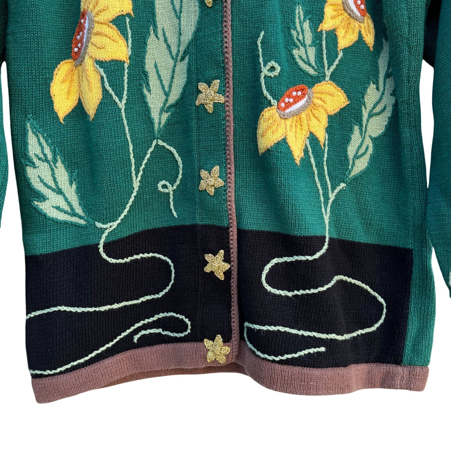 Storybook Knits Vintage Green Knit Cardigan Sweater Sunflower Embroidery Size S