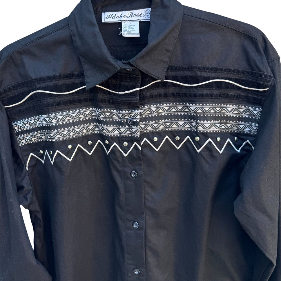 Adobe Rose Vintage Western Button-Up Shirt S Black Geometric Embroidery Studs S