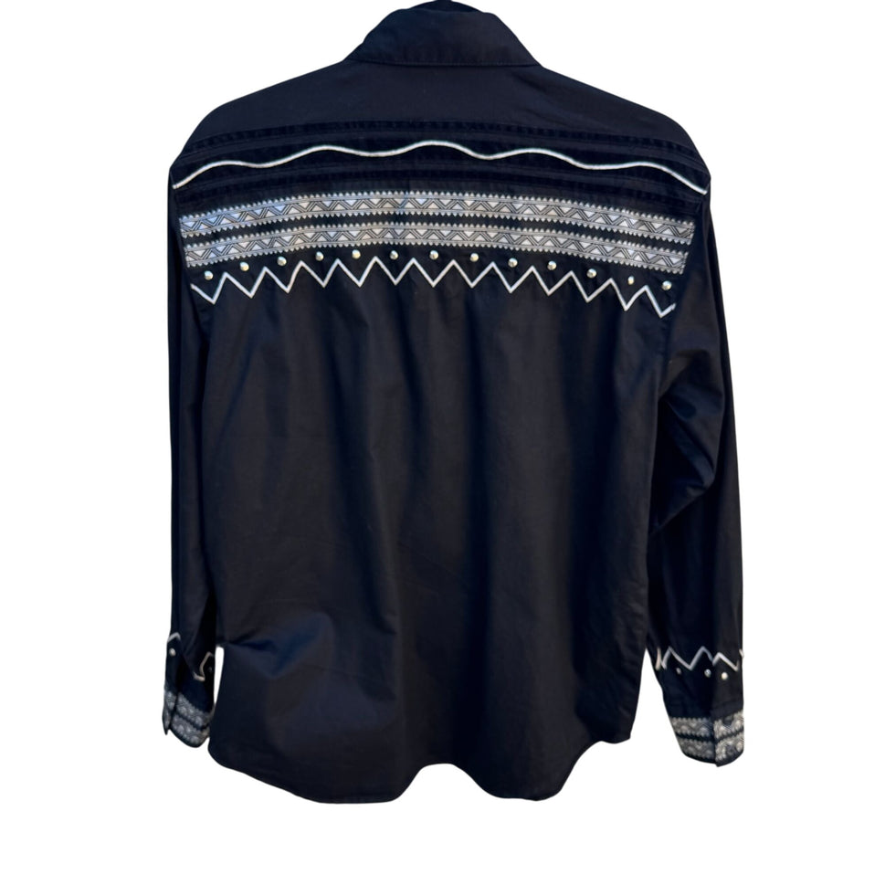 Adobe Rose Vintage Western Button-Up Shirt S Black Geometric Embroidery Studs S