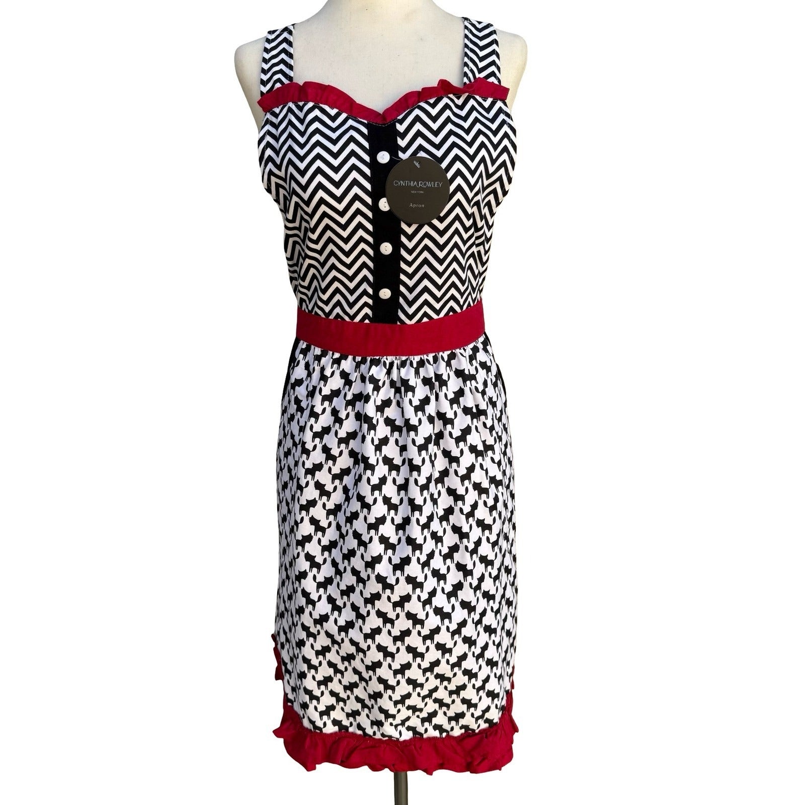 Cynthia Rowley New York Kitsch Apron Black White Chevron Cat Print Ruffle New