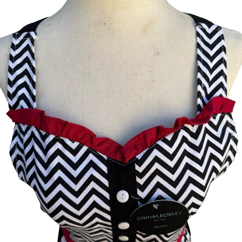 Cynthia Rowley New York Kitsch Apron Black White Chevron Cat Print Ruffle New