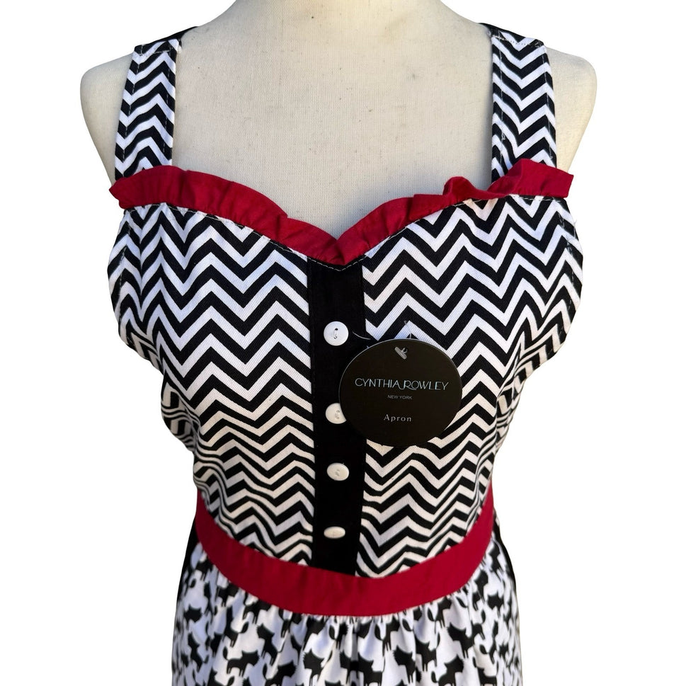 Cynthia Rowley New York Kitsch Apron Black White Chevron Cat Print Ruffle New