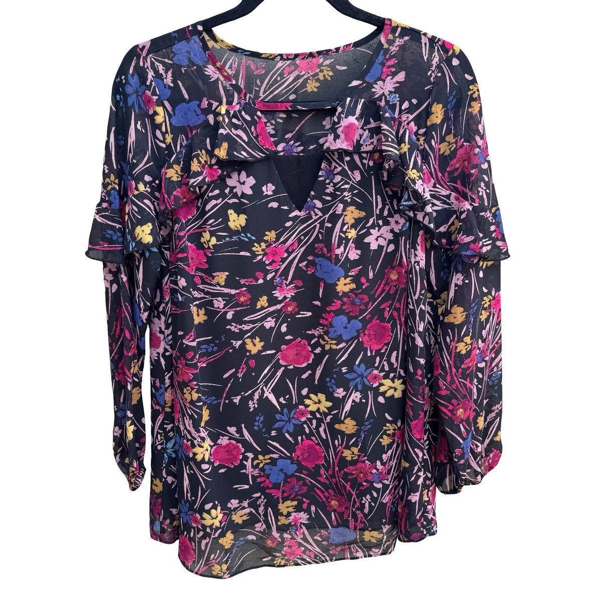 Boho Whimsigoth Cottagecore Dark Floral Ruffle Flowy Chiffon Romantic Blouse L