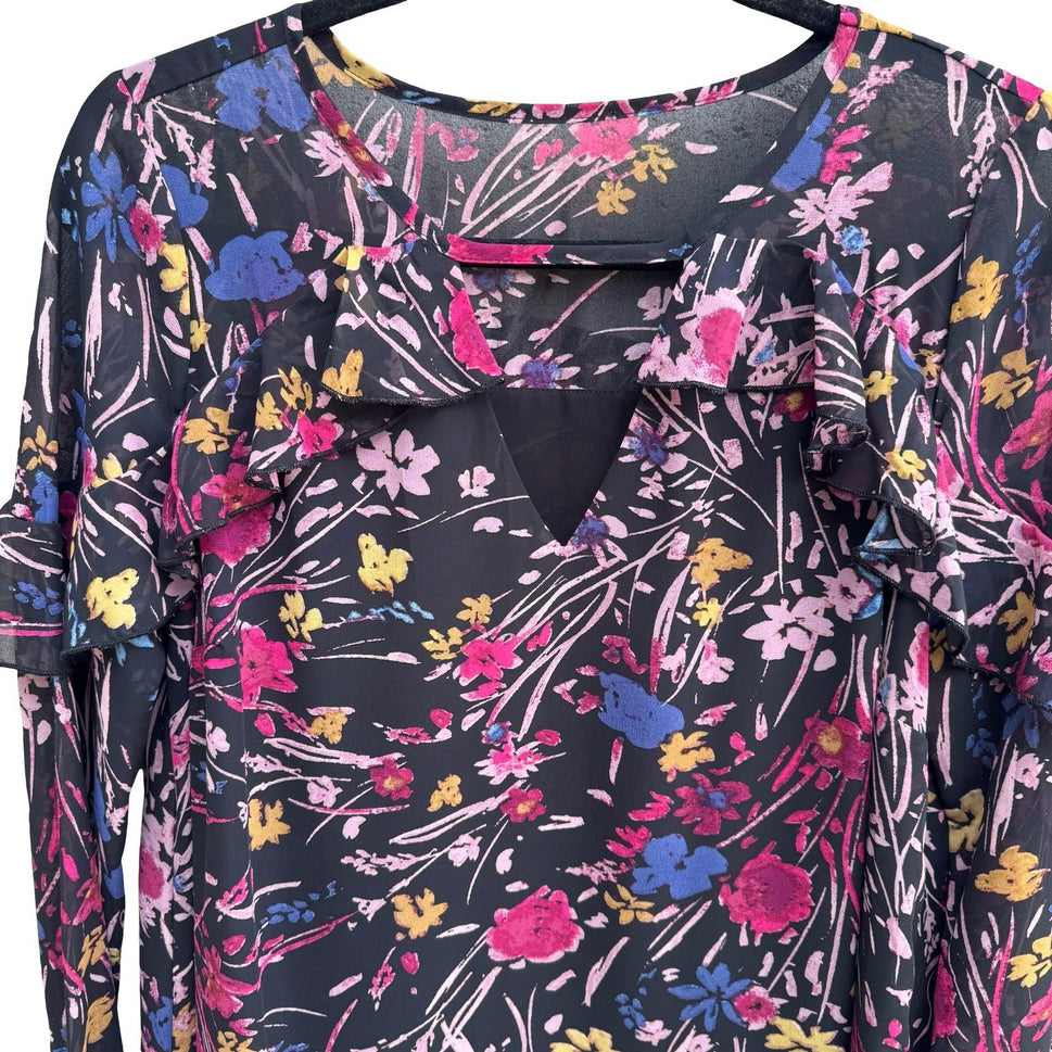 Boho Whimsigoth Cottagecore Dark Floral Ruffle Flowy Chiffon Romantic Blouse L