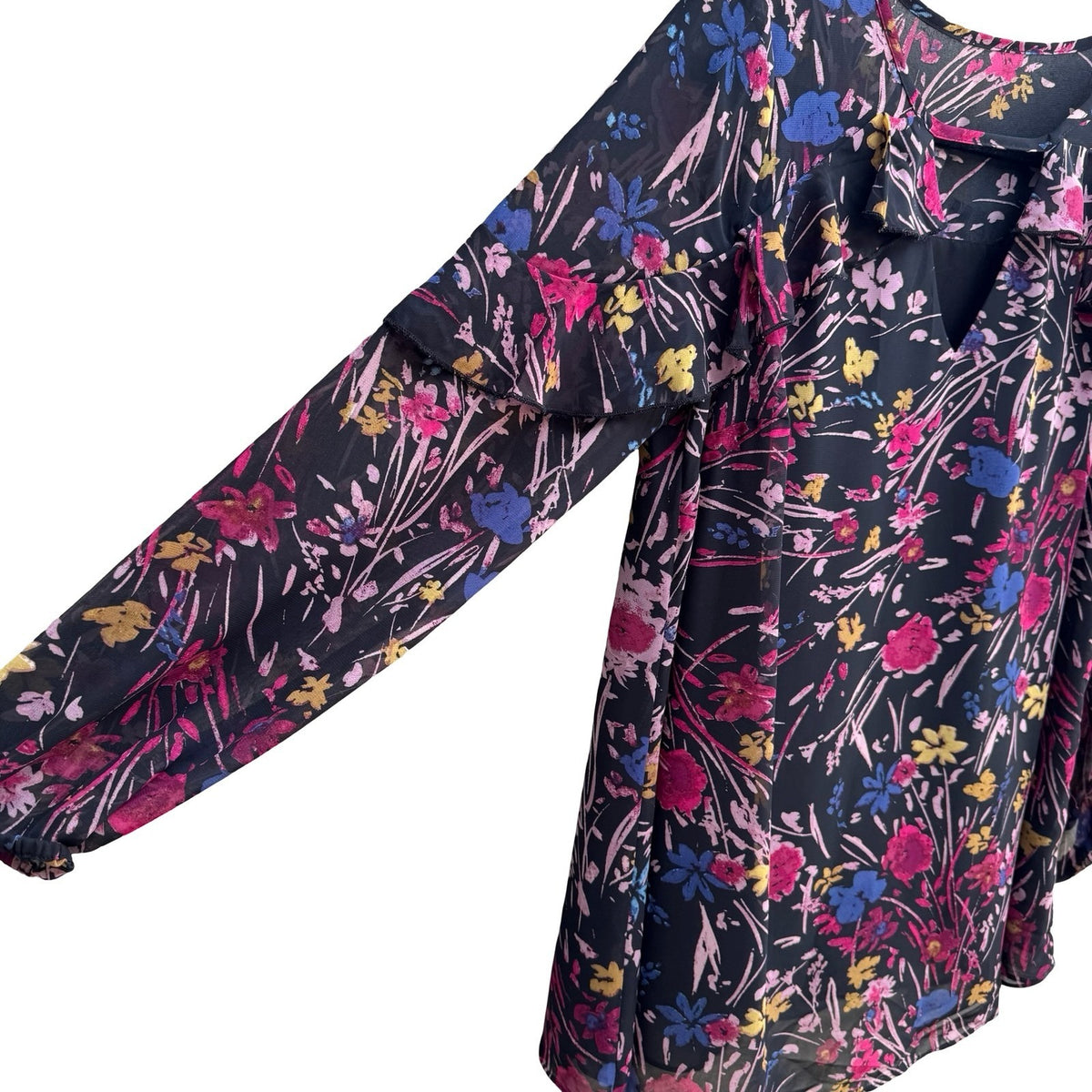 Boho Whimsigoth Cottagecore Dark Floral Ruffle Flowy Chiffon Romantic Blouse L
